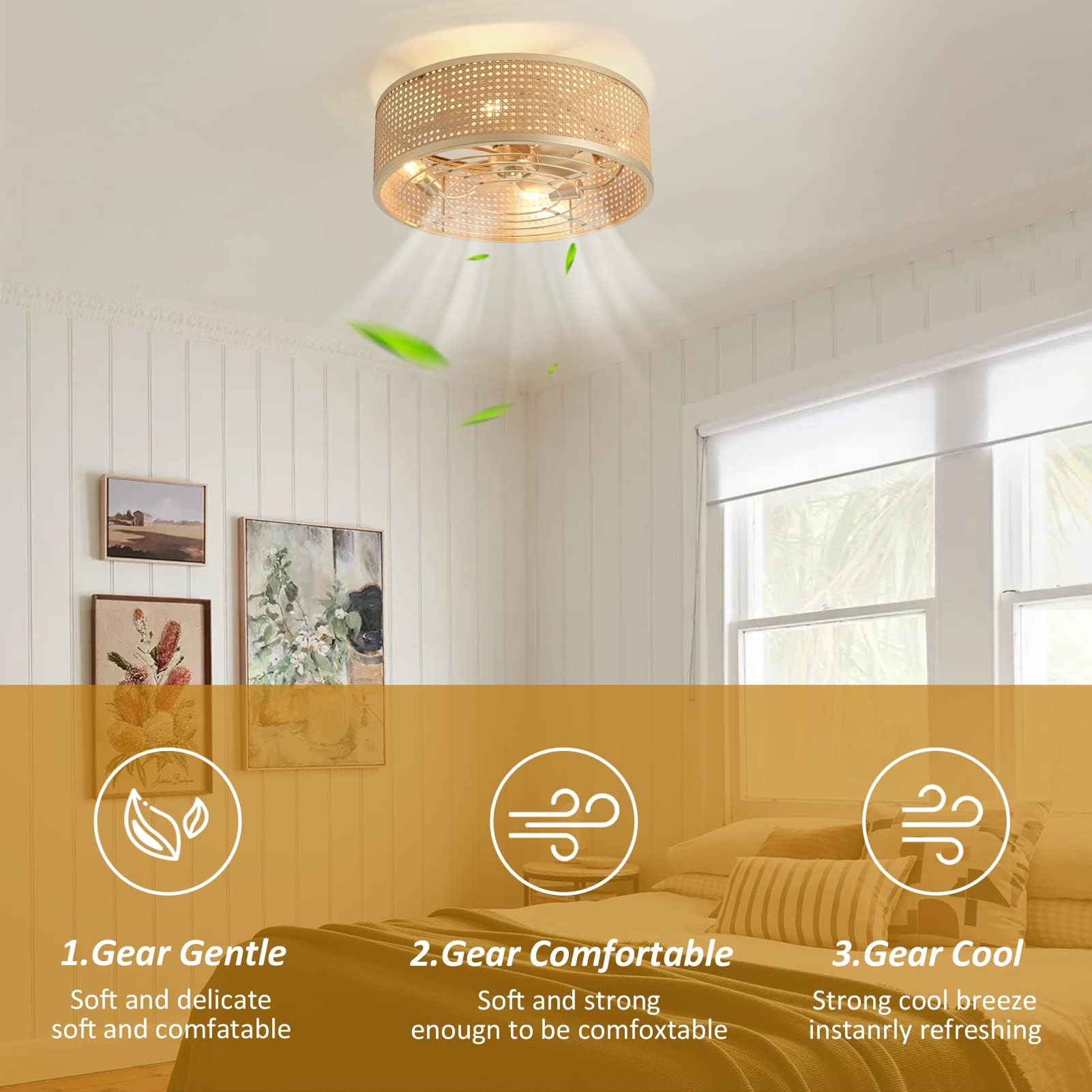 Ainqiant Boho Caged Ceiling Fan With Light, 20'' Rattan Flush Mount Ceiling Fan With Light And Remote Control For Bedroom Kitche