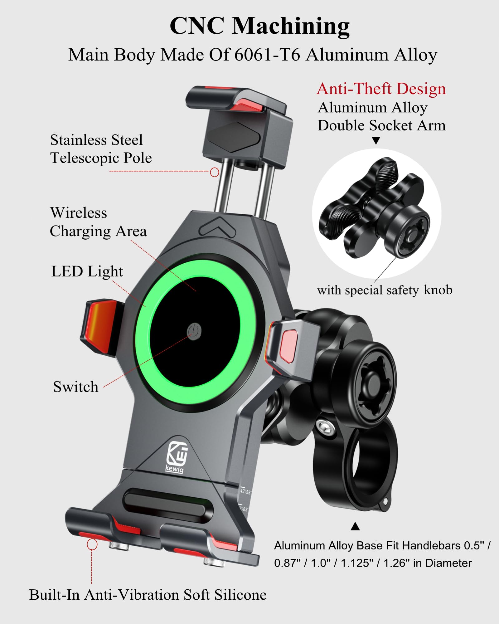 Brcovan Motorcycle Phone Mount With Qi 15W Wireless Charger & Vibration Dampener, Anti Theft, Anti Shake, Adjustable, Aluminum A
