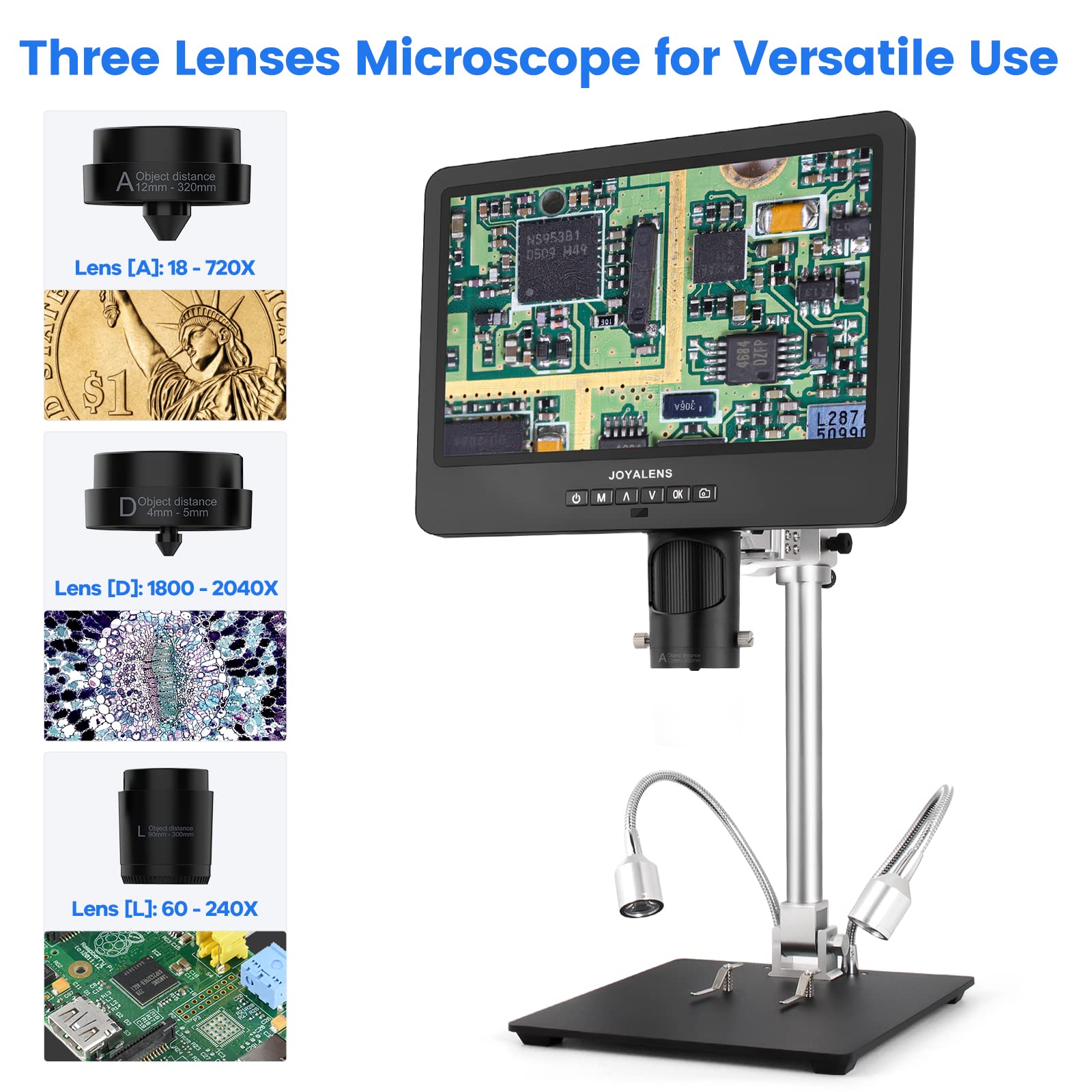 Joyalens Jl249Ms 3 Lens 10.1 Inch Lcd Hdmi Digital Microscope 2000X, 24Mp Soldering Microscope Pro Metal Stand For Vertical Hori