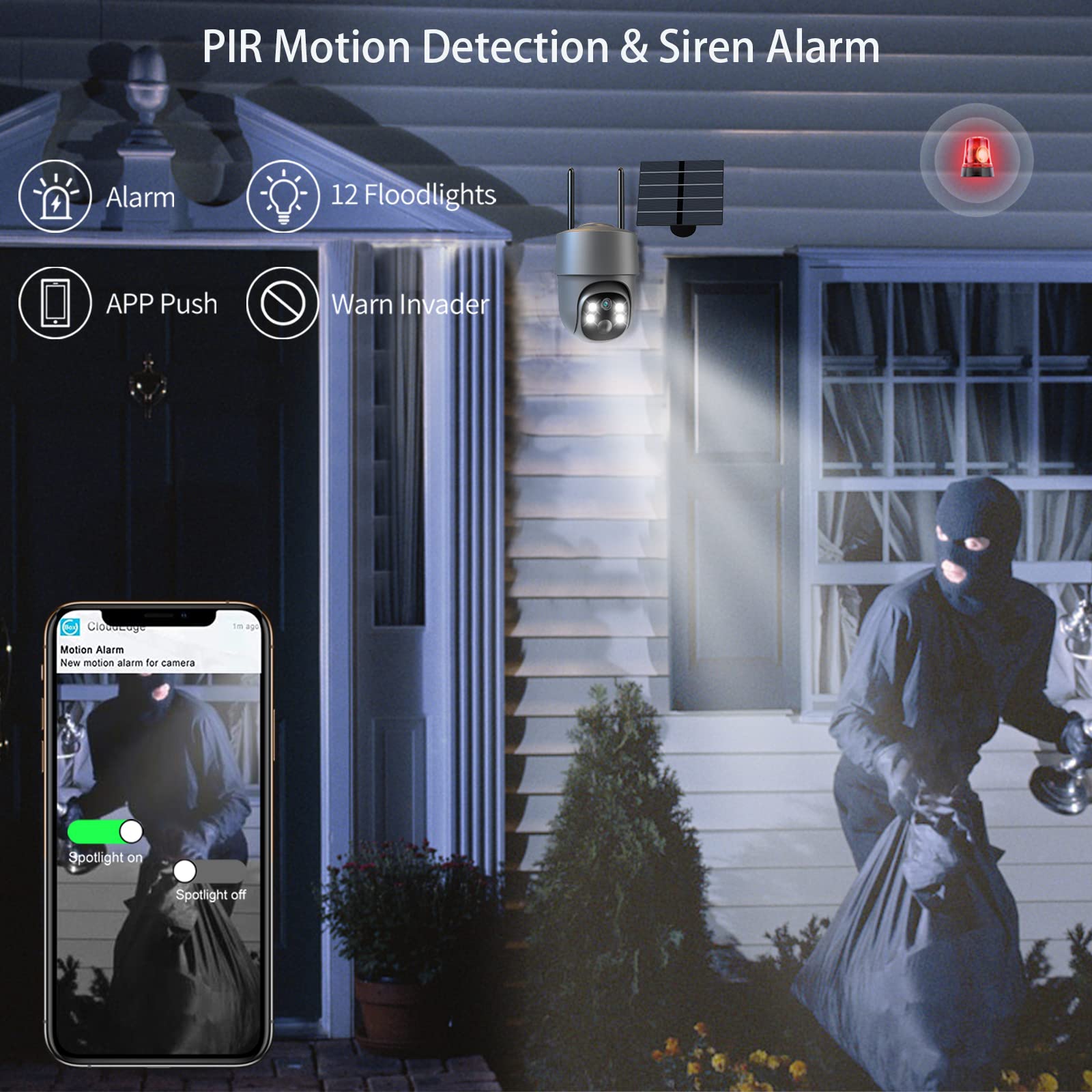 Xparkin Solar Security Cameras Wireless Outdoor, Mulit Functional Home Security Wifi Camera With Pir Motion Detection & Floodlig