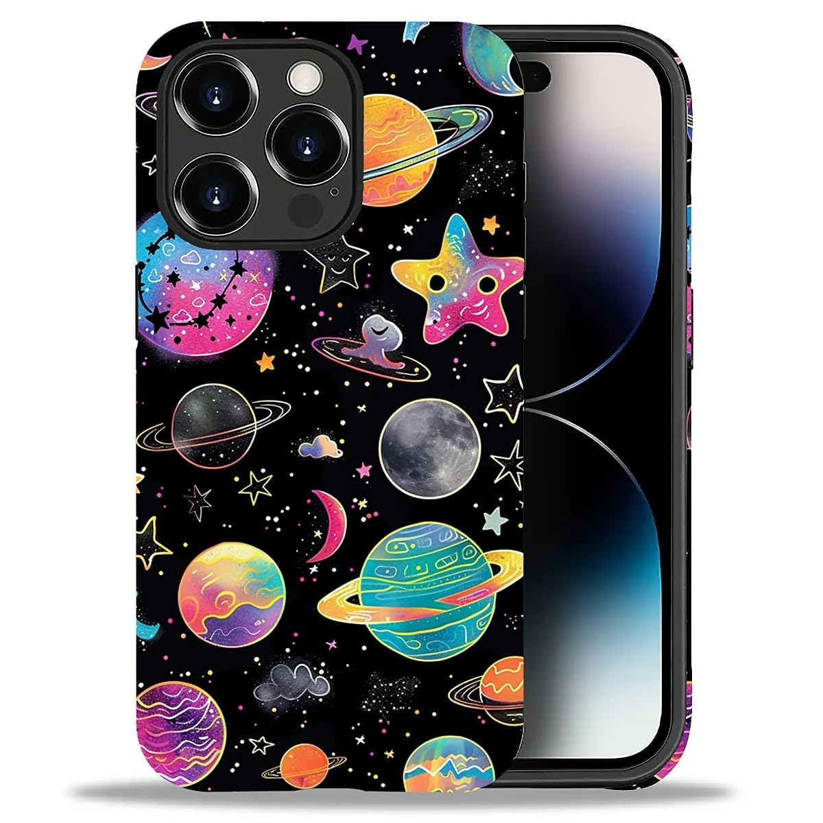 WANKBLC Compatible with iPhone 14 Pro Max Matte Case, Rainbow Planet Stars Space Pattern for Girl Full Body Design Soft Silicone