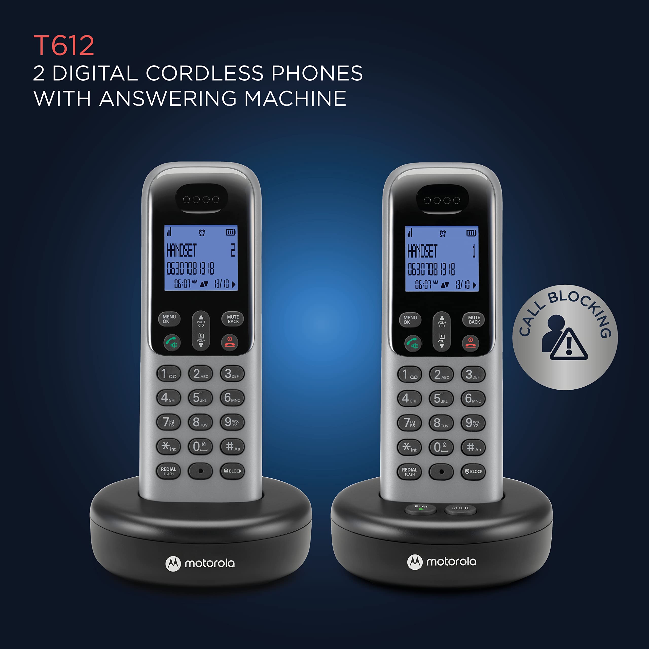 Motorola Voice Cordless Phone System W/ 2 Digital Handsets + Answering Machine, Remote Access, Call Block   Dark Grey (T612)
