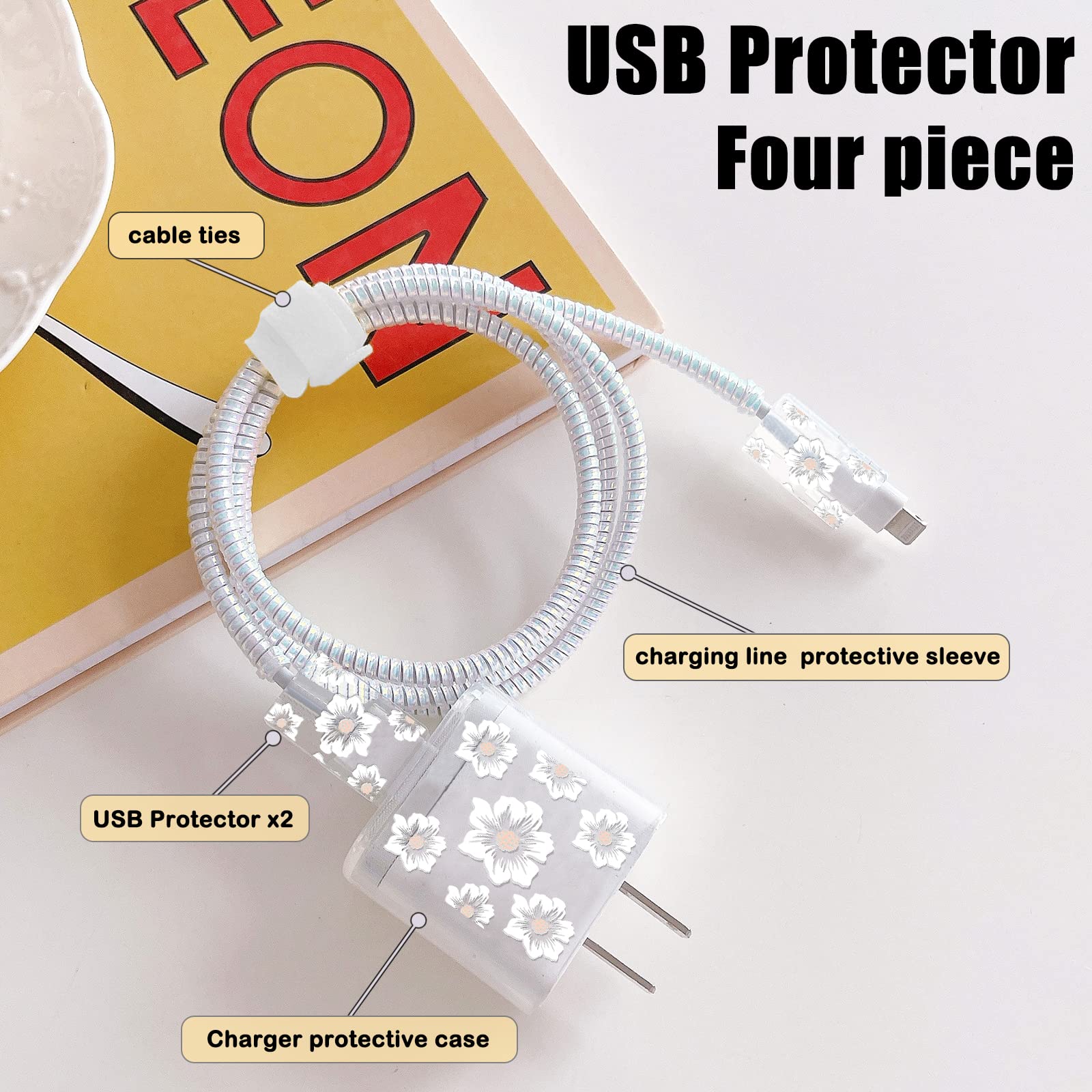 Cute Flowers Diy Protectors Cable Protector For Iphone Charger,Elegant White Camellia Pattern,Data Cable Usb Charger Data Line E
