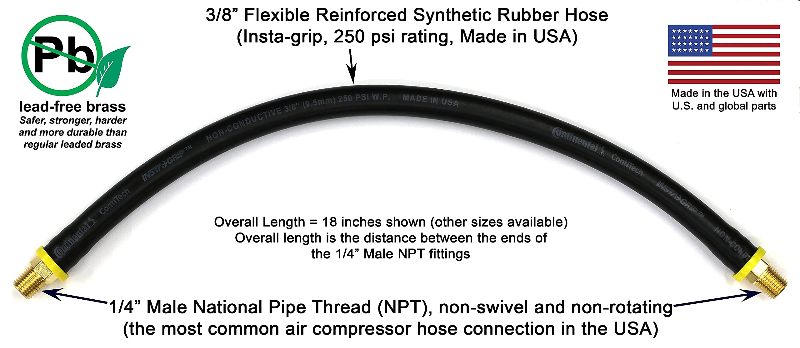 18-Inch Short Air Compressor Hose: 1/4 Male Npt To 1/4 Male Npt Connections (Lead-Free Brass)