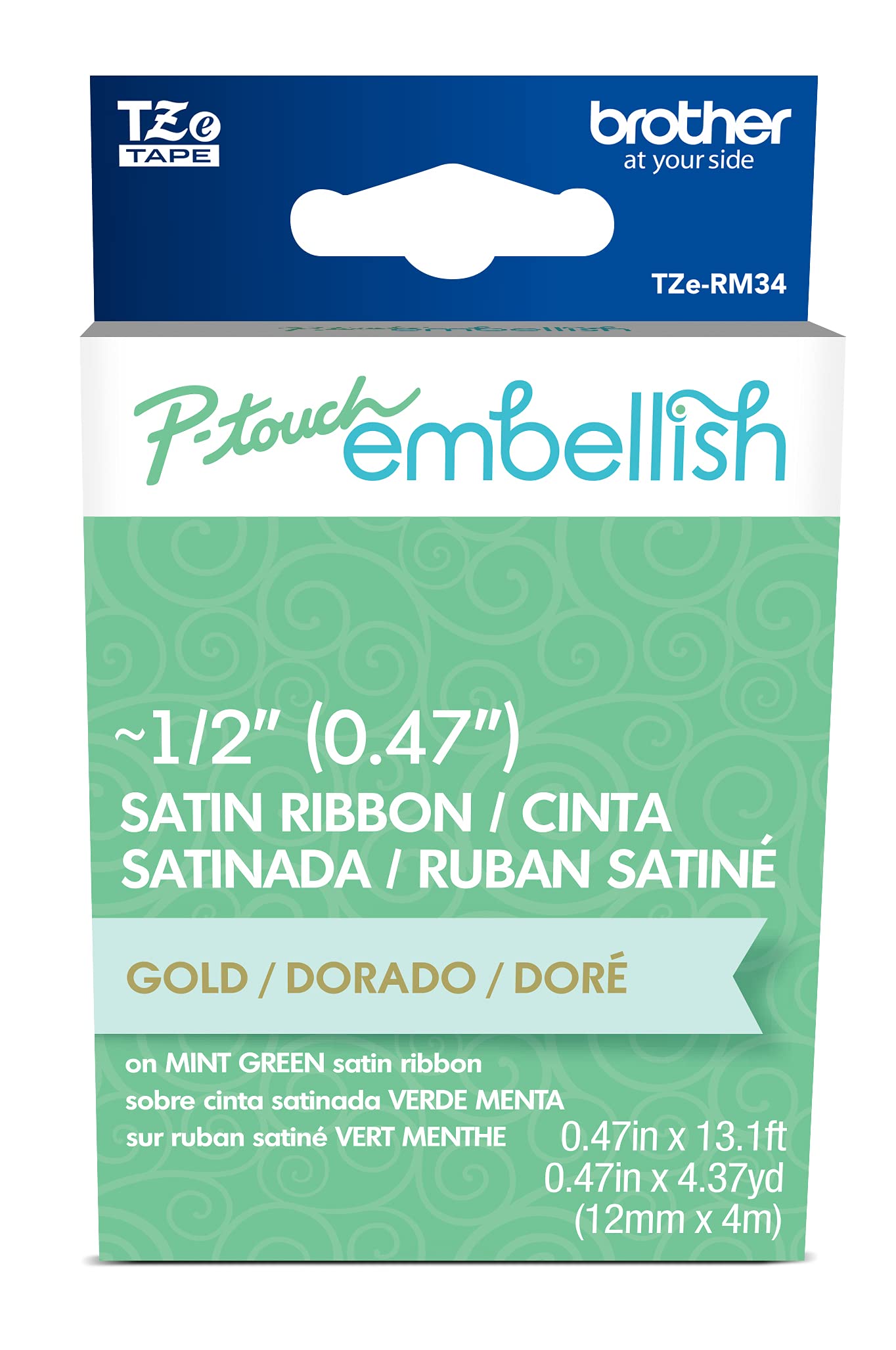Brother PTouch Embellish Gold Print on Mint Green Satin Ribbon TZERM34  ~ Wide x ~13.1 Long for use with PTouch Embellish 