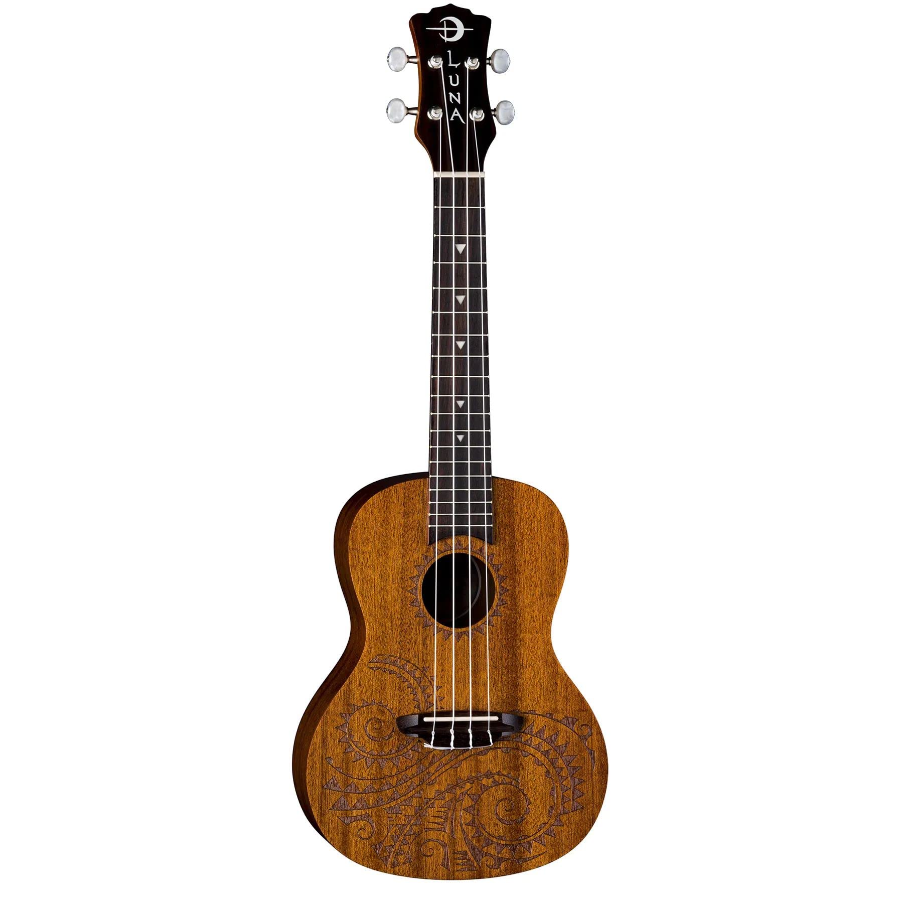 Luna Tattoo Concert Mahogany Ukulele With Gig Bag, Satin Natural