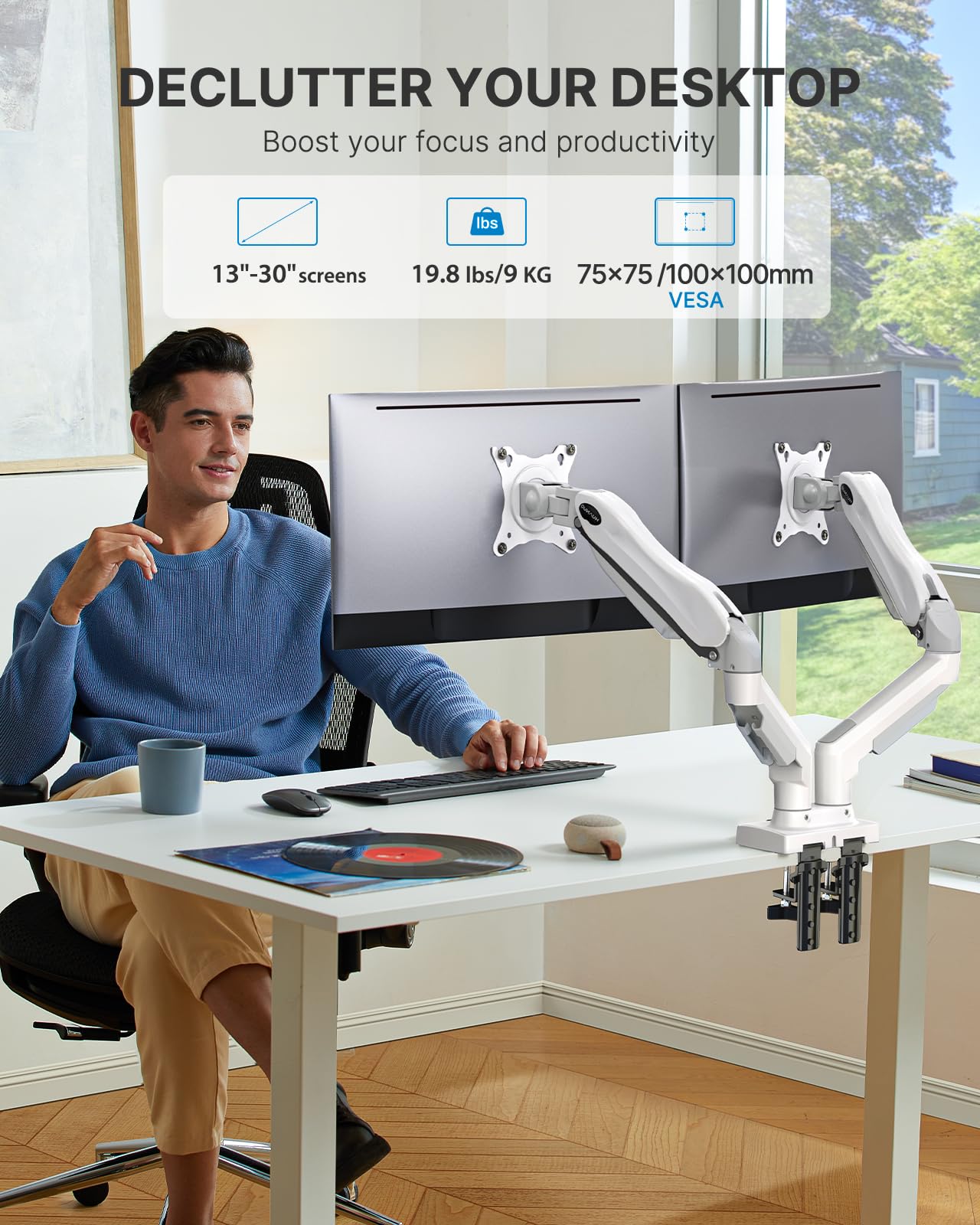 Huanuo Dual Monitor Stand   Full Adjustable Monitor Desk Mount Swivel Vesa Bracket With C Clamp, Grommet Mounting Base For 13 To 32 Inch Computer Screens   Each Arm Holds 4.4 To 19.8Lbs   Whtie