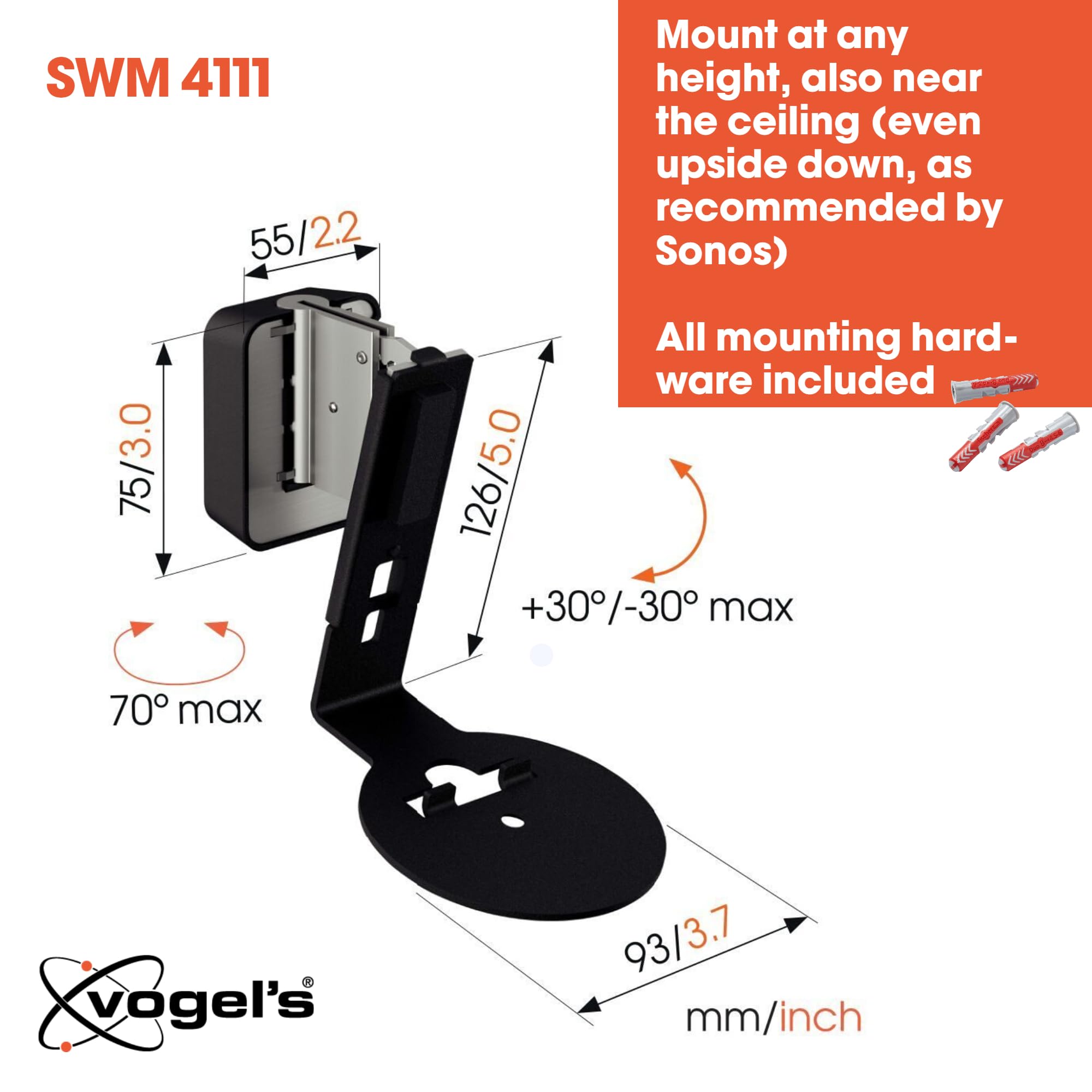 Vogel'S Swm 4111 Speaker Wall Bracket For Sonos Era 100, Max. 11 Lbs (5 Kg), Tiltable  30/+30, Swivels Up To 70 (Left/Right), Bl