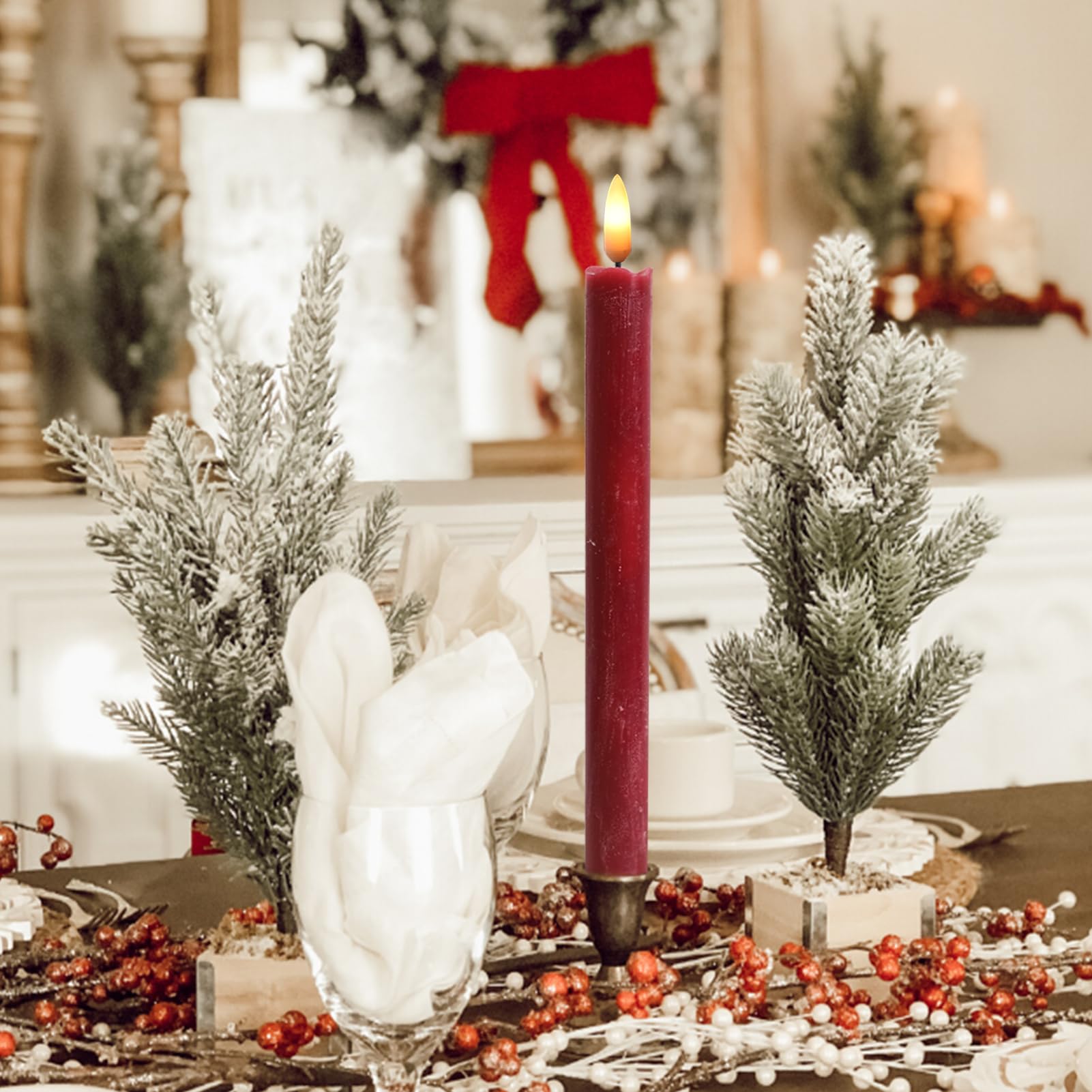 Dromance Red Flameless Taper Candles Battery Operated With 6H Timer, Real Wax 3D Wick Flickering Led Taper Candles Dinner Weddin