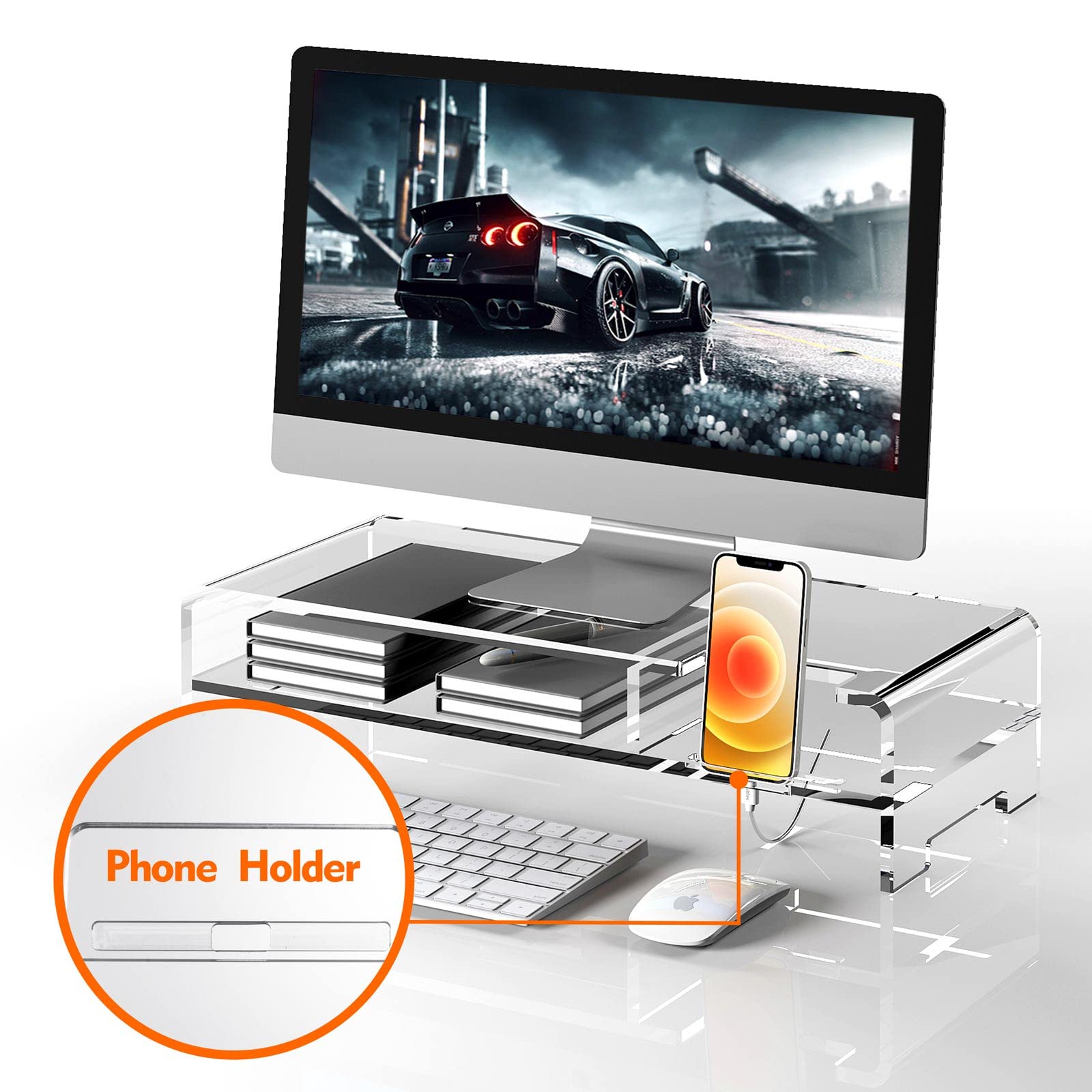 Beygorm Acrylic Monitor Stand Riser, Wide 20'', 2 Tier Computer With Storage, Desk Organizer Desktop Printer Laptop Storage Shel