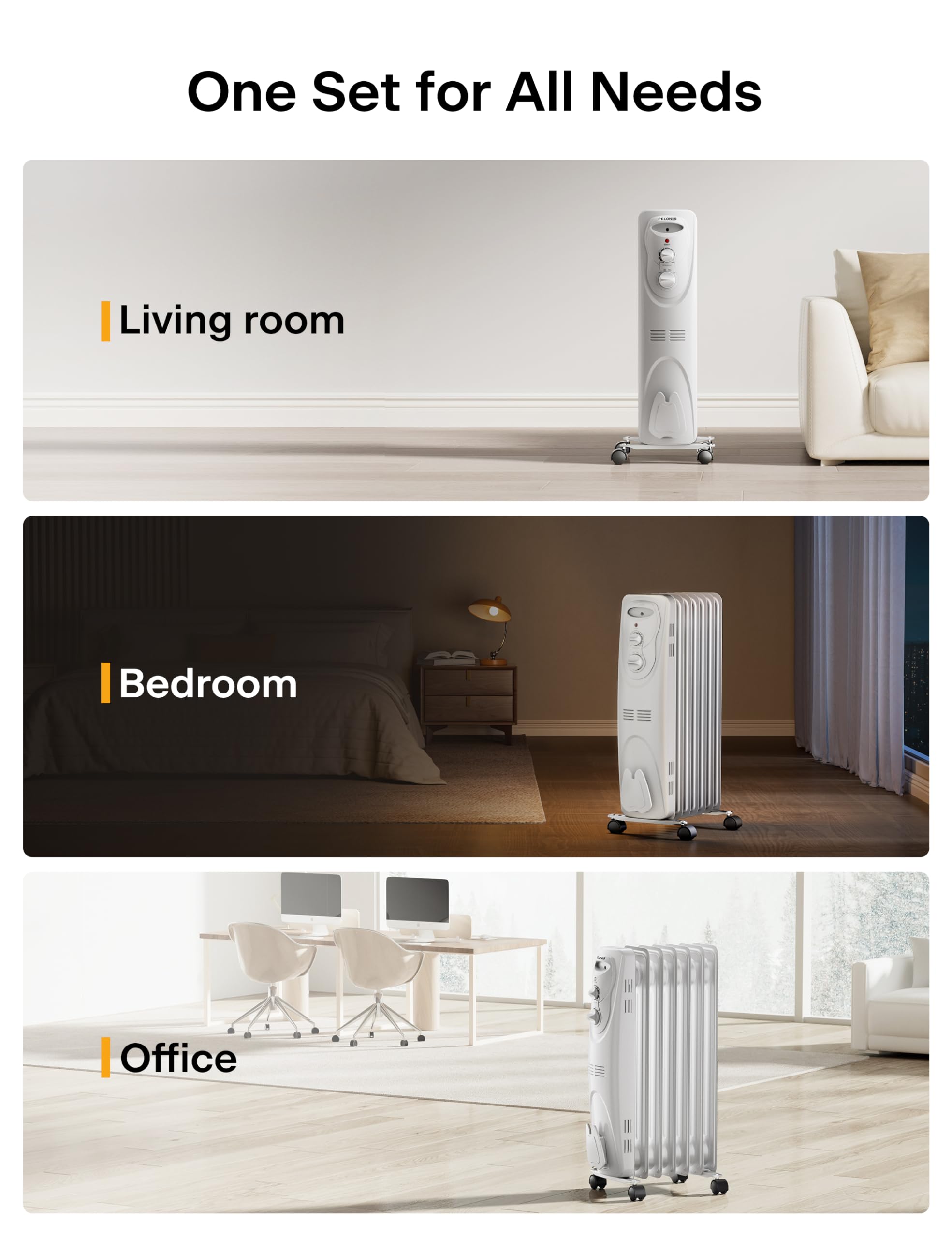 Pelonis Pho15A2Agw, Basic Electric Oil Filled Radiator, 1500W Portable Full Room Radiant Space Heater With Adjustable Thermostat