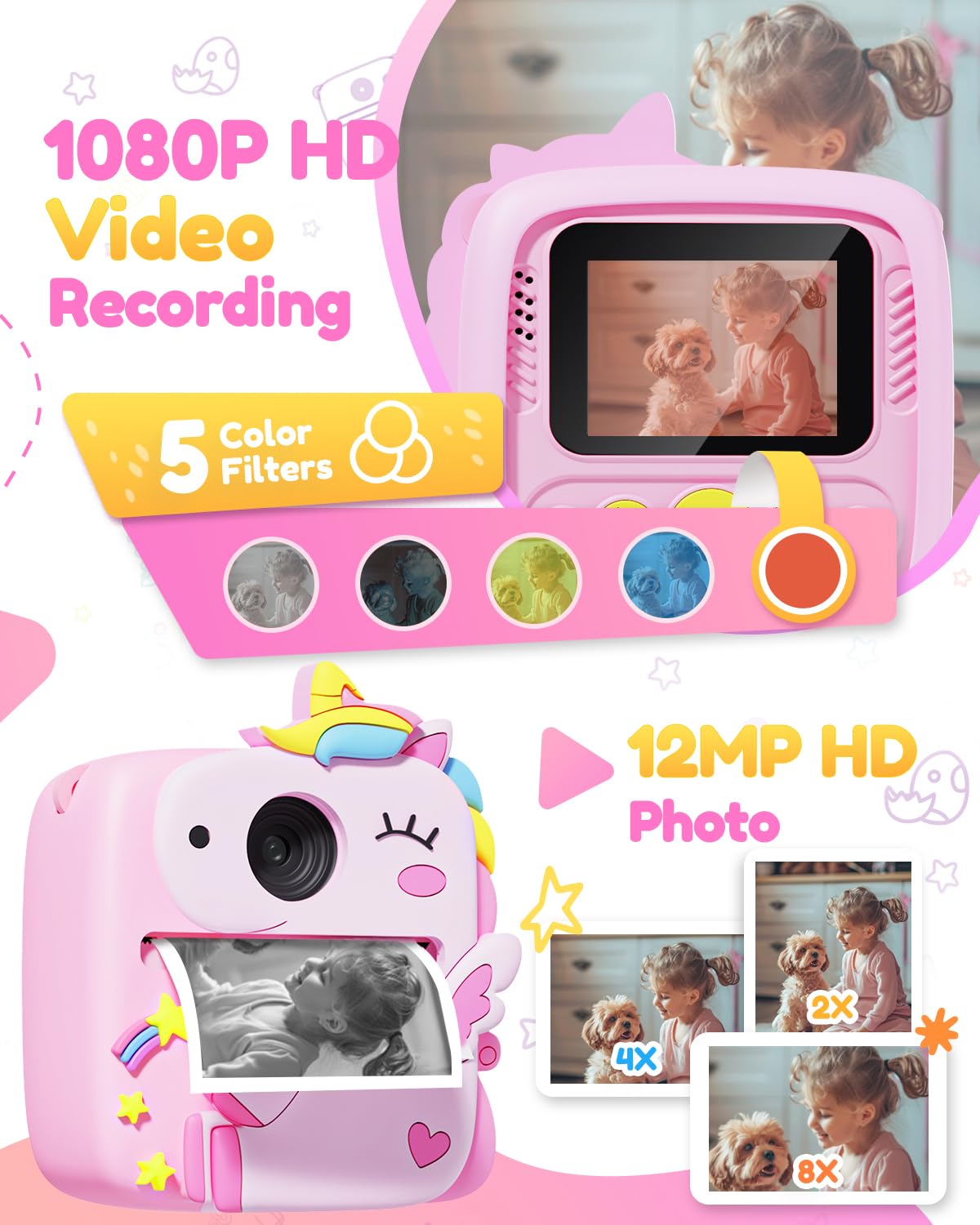 Kids Camera Instant Print, 1080P Hd Digital Video Cameras For Kids With Print Paper & Sd Card, Christmas Birthday Gifts For Girl