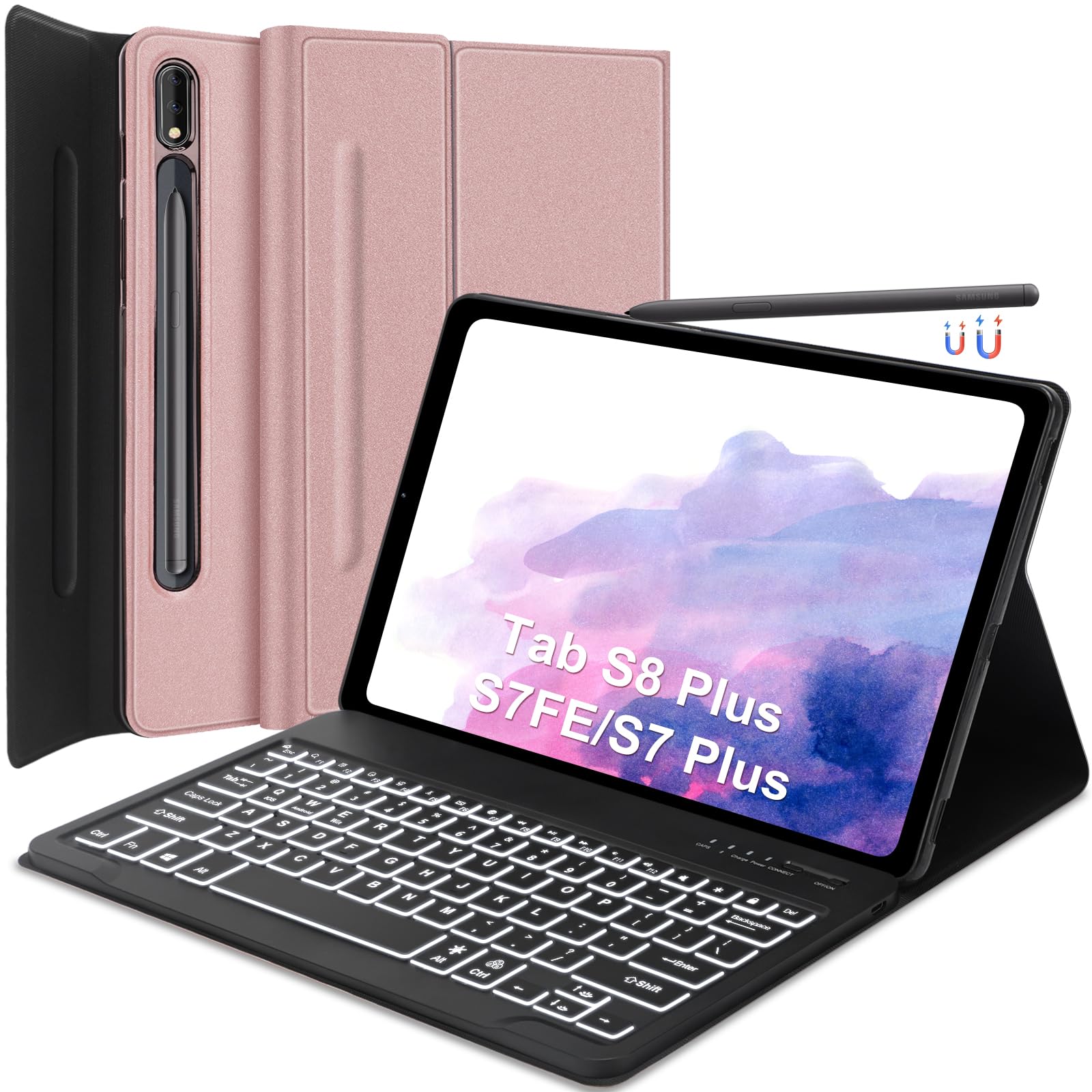 Samsung Galaxy Tab S8+/S7 FE/S7 Plus Keyboard Case 12.4 inch -Detachable Bluetooth Backlit Keyboard  Slim Multi-Angle Cover with S Pen Holder for Galaxy Tab S8+ 2022/S7 FE 2021/S7 Plus 2020  Rose Gold-New