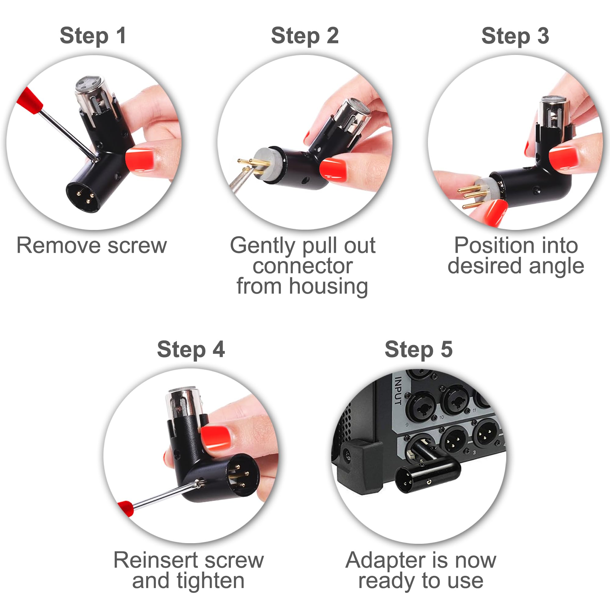 Hqrp 4-Pack 3-Pin Xlr Angle Adapter Dual Male & Female With 4 Adjustable Angle Positions Right Left And 90 Degree, Compatible Wi