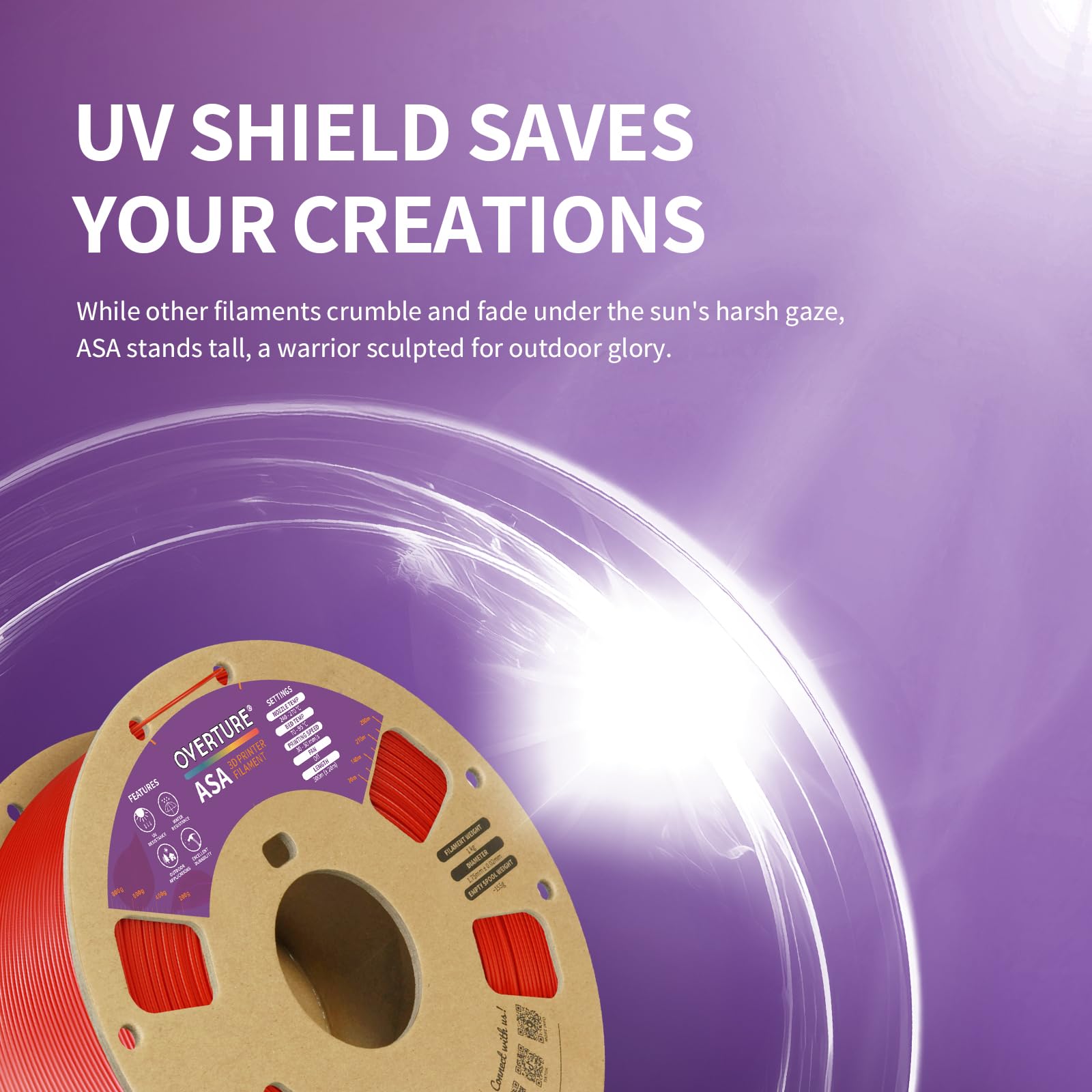 Overture Asa Filament 1.75Mm, 1Kg Spool (2.2Lbs) 3D Printer Filament, Premium Anti-Uv, Asa Filament Perfect For Printing Outdoor