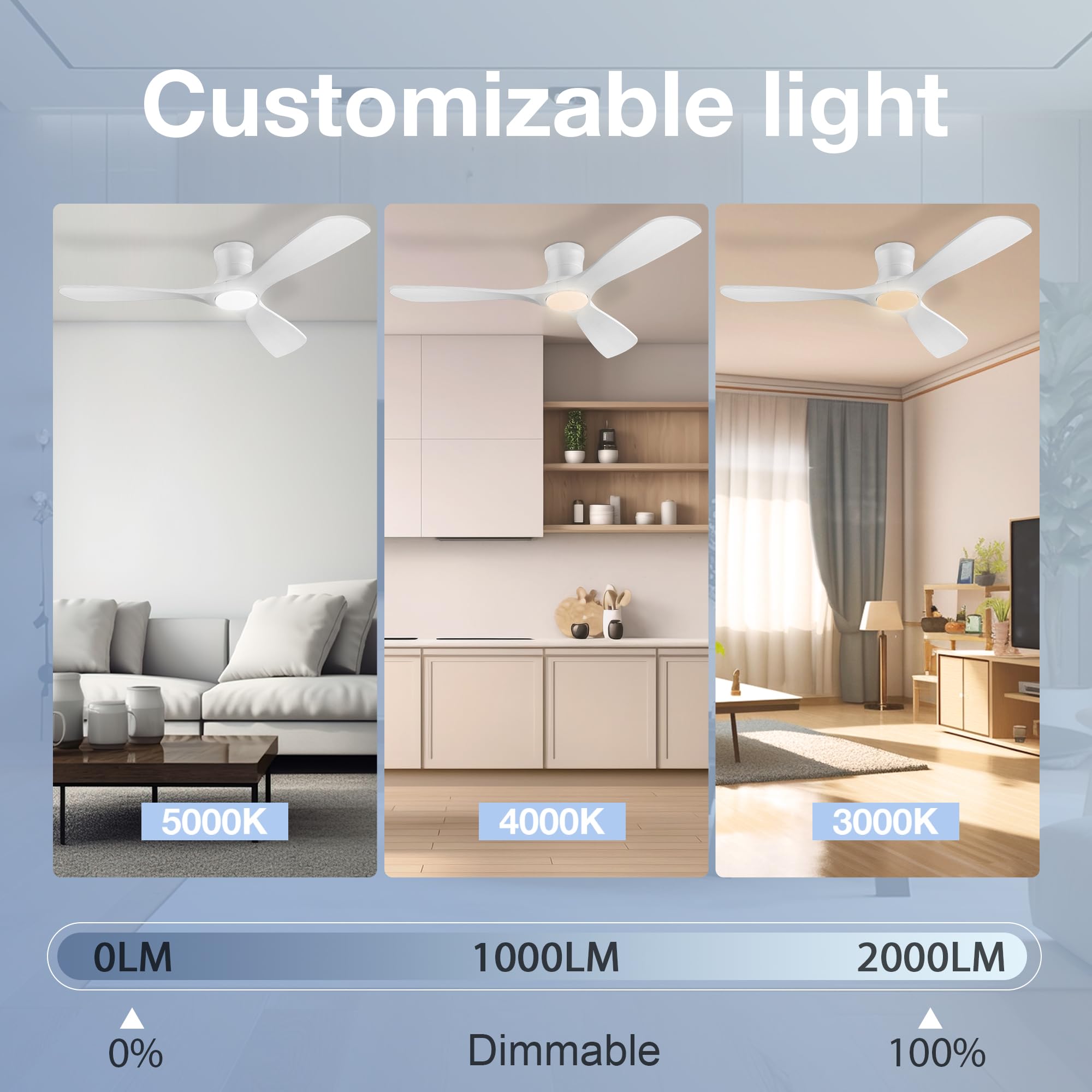 52In Smart Low Profile Ceiling Fans With Lights Remote,Quiet Dc Motor,Outdoor Indoor Flush Mount Ceiling Fan,Control With Wifi A