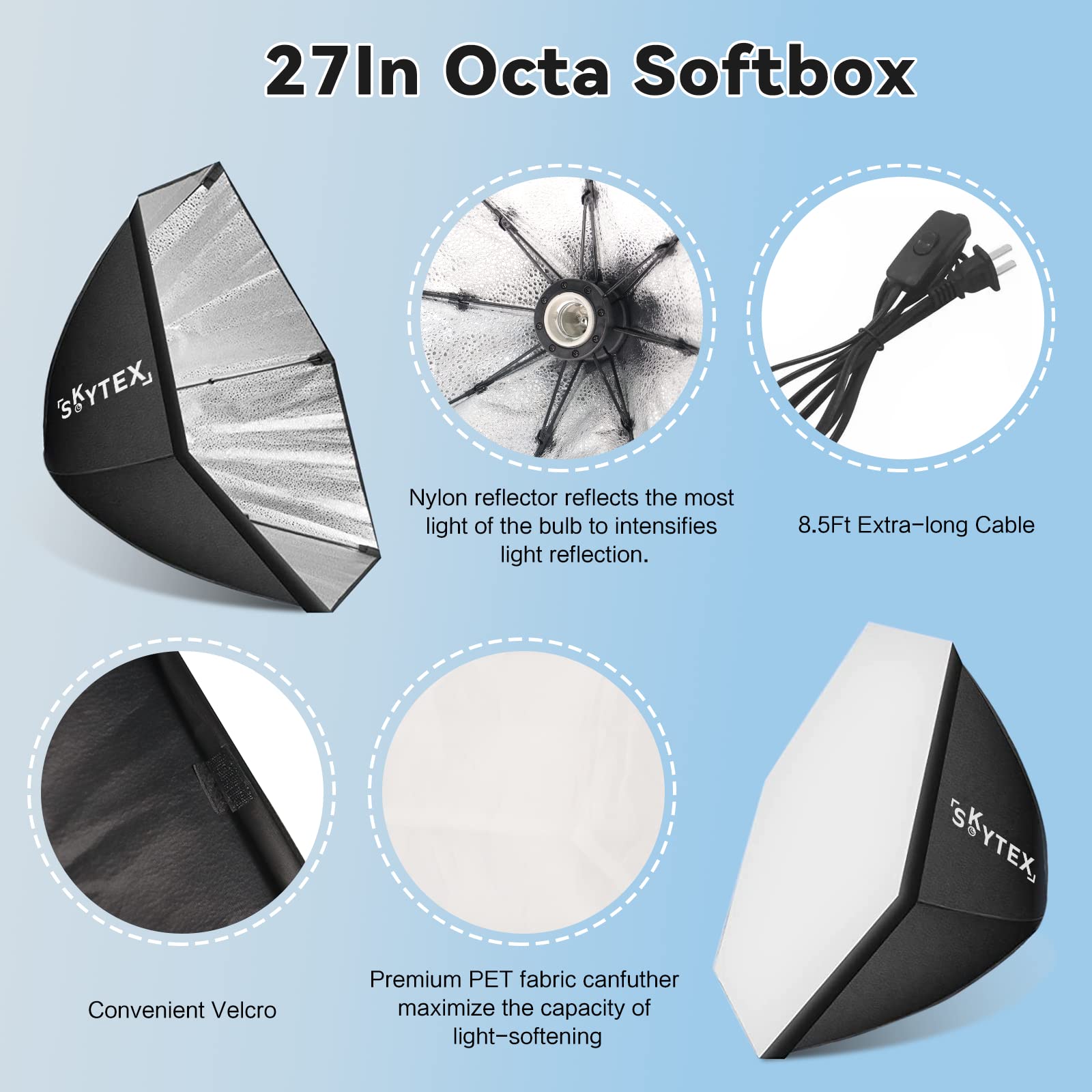 Octa Softbox Lighting Kit, Skytex Upgrade Continuous Photography Lighting Kit With Sandbags, 28In Diameter Octa Soft Box | 135W