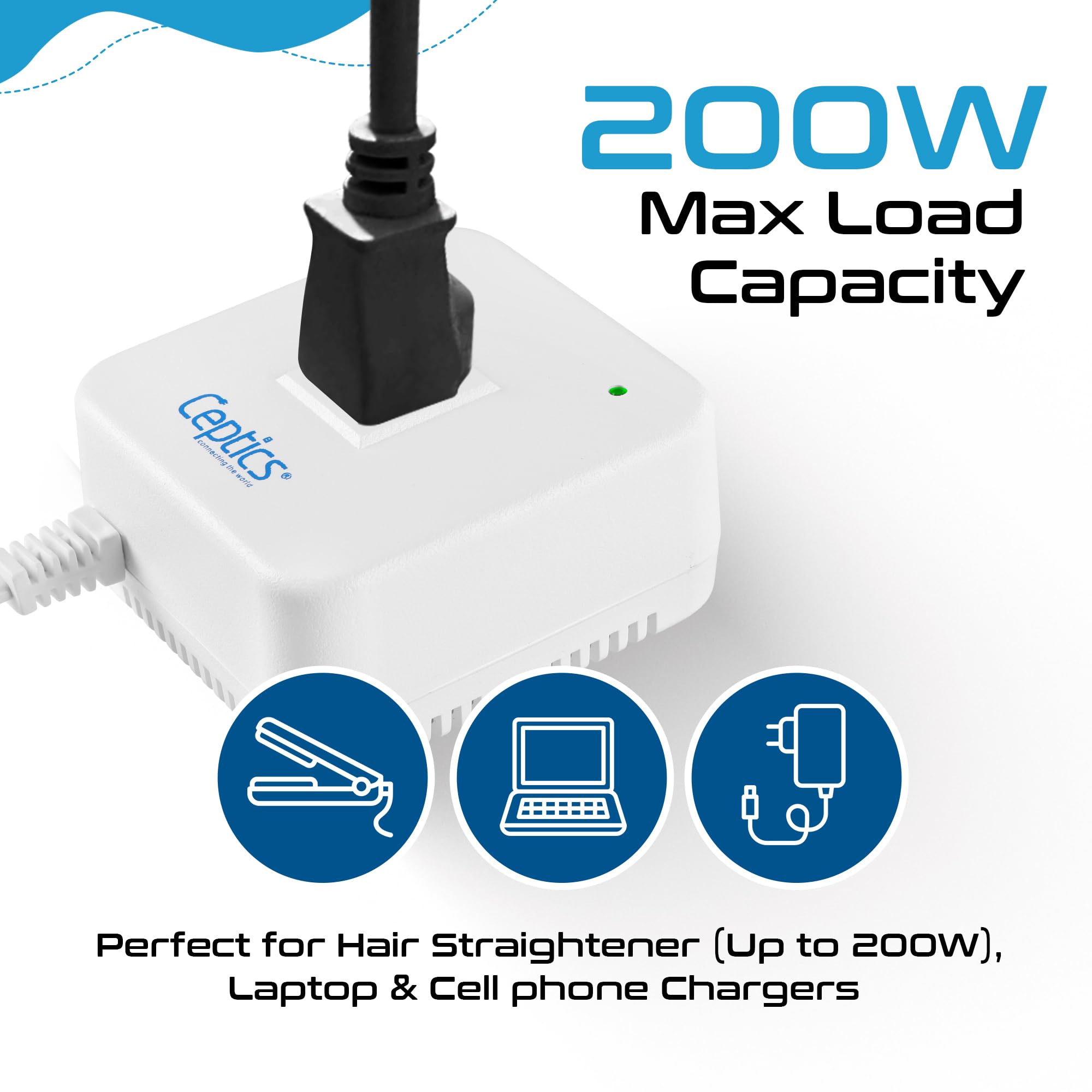 Ceptics 200 Watt Step Down Voltage Converter   Converts 220V/240V To 110V/120V   Ideal For Hair Straighteners, Laptops, And Char