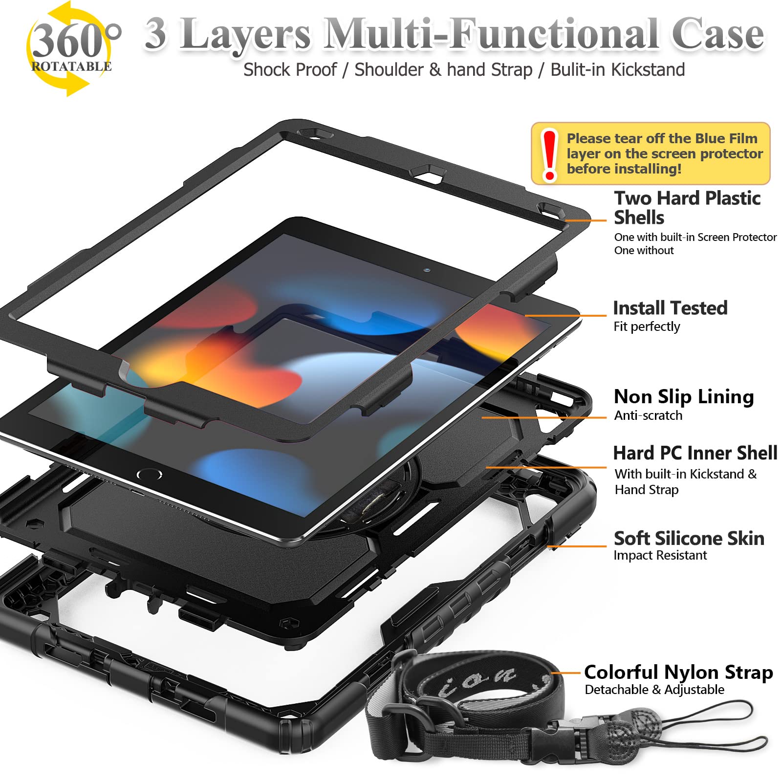 Seymac Stock Case For Ipad 9Th/ 8Th/ 7Th Generation 10.2'', Shockproof Case With Screen Protector Pencil Holder [360 Rotating Ha