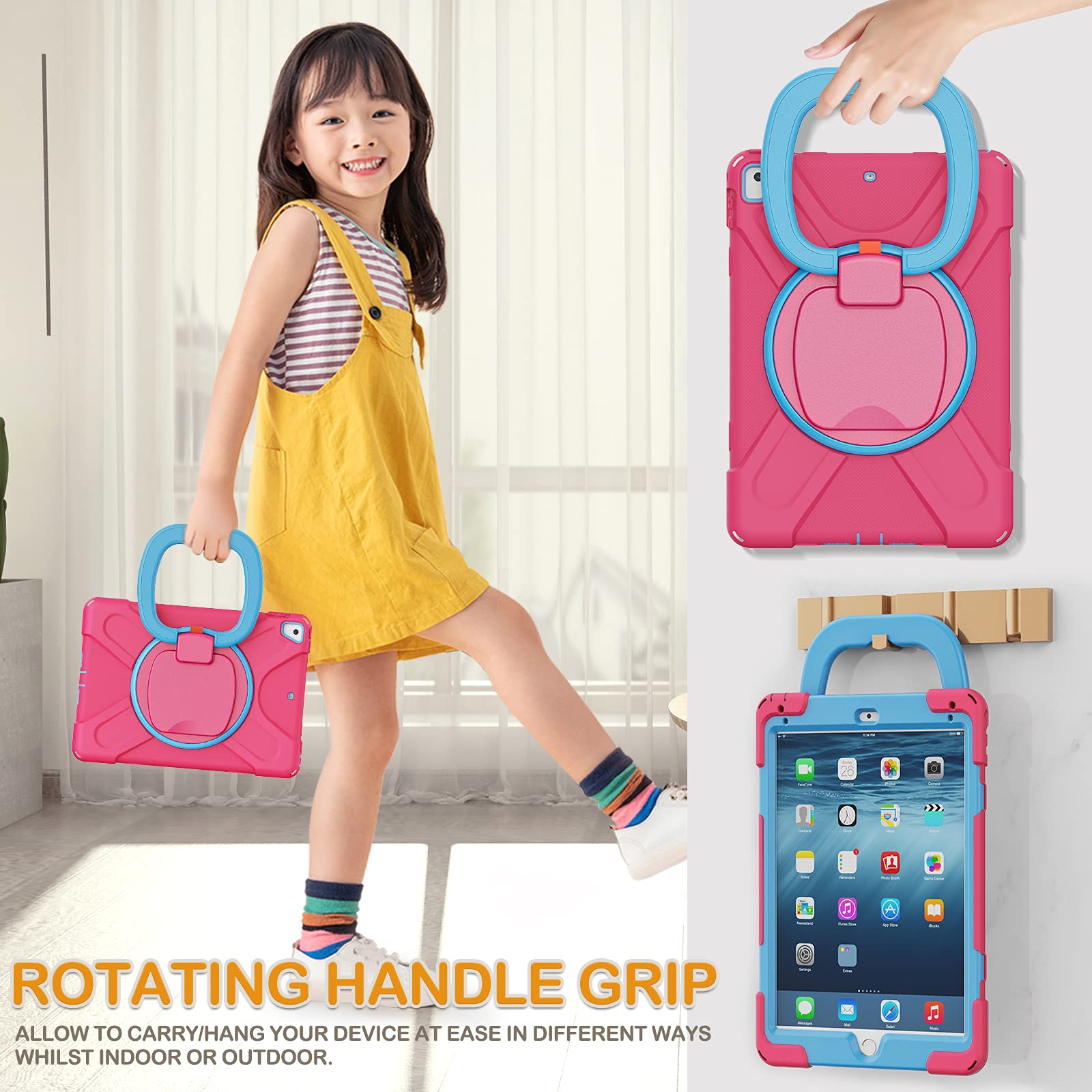 Braecn Case For Ipad 6Th/5Th Generation W/Pencil Holder, 360 Degree Multi Function Grip, Stable Kickstand, Carrying Strap, 3 Lay