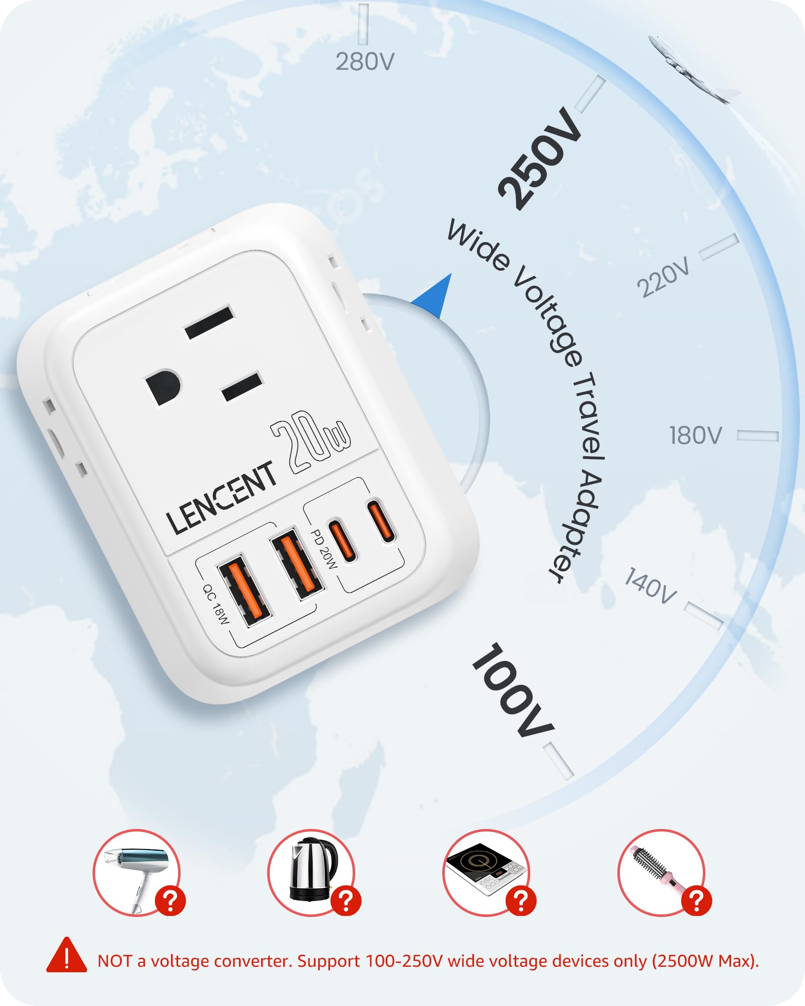 Lencent Foldable European Travel Plug Adapter, Pd 20W Type C Power Adaptor With 4 Outlet, Usb Fast Charger Adapter, Travel Essen
