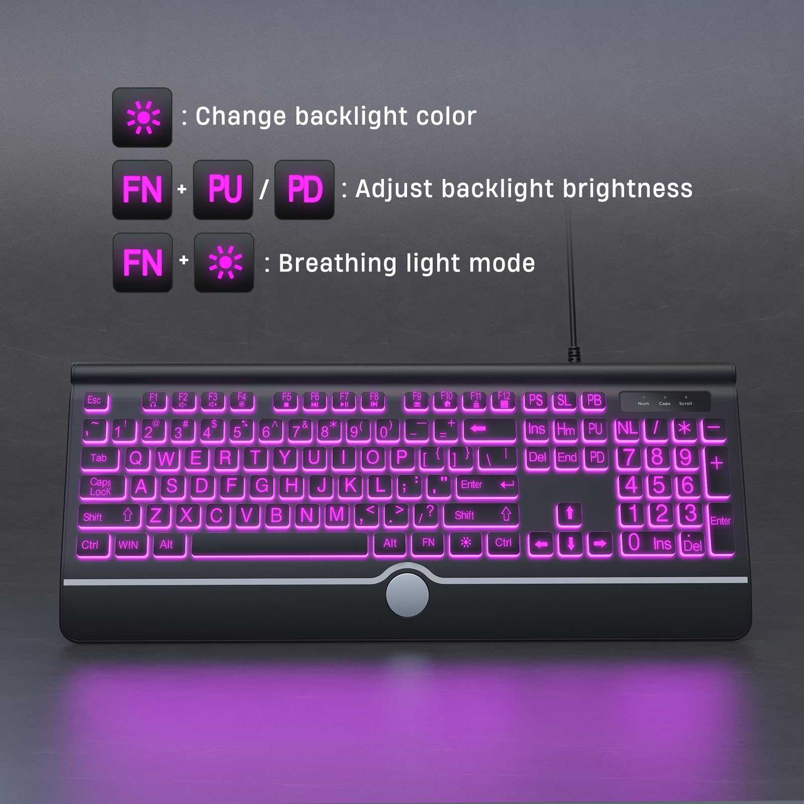 Kopjippom Computer Wired Keyboard, Large Print Backlit Keyboard With Wrist Rest, 7 Colors Backlit, Plug And Play, Foldable Stand