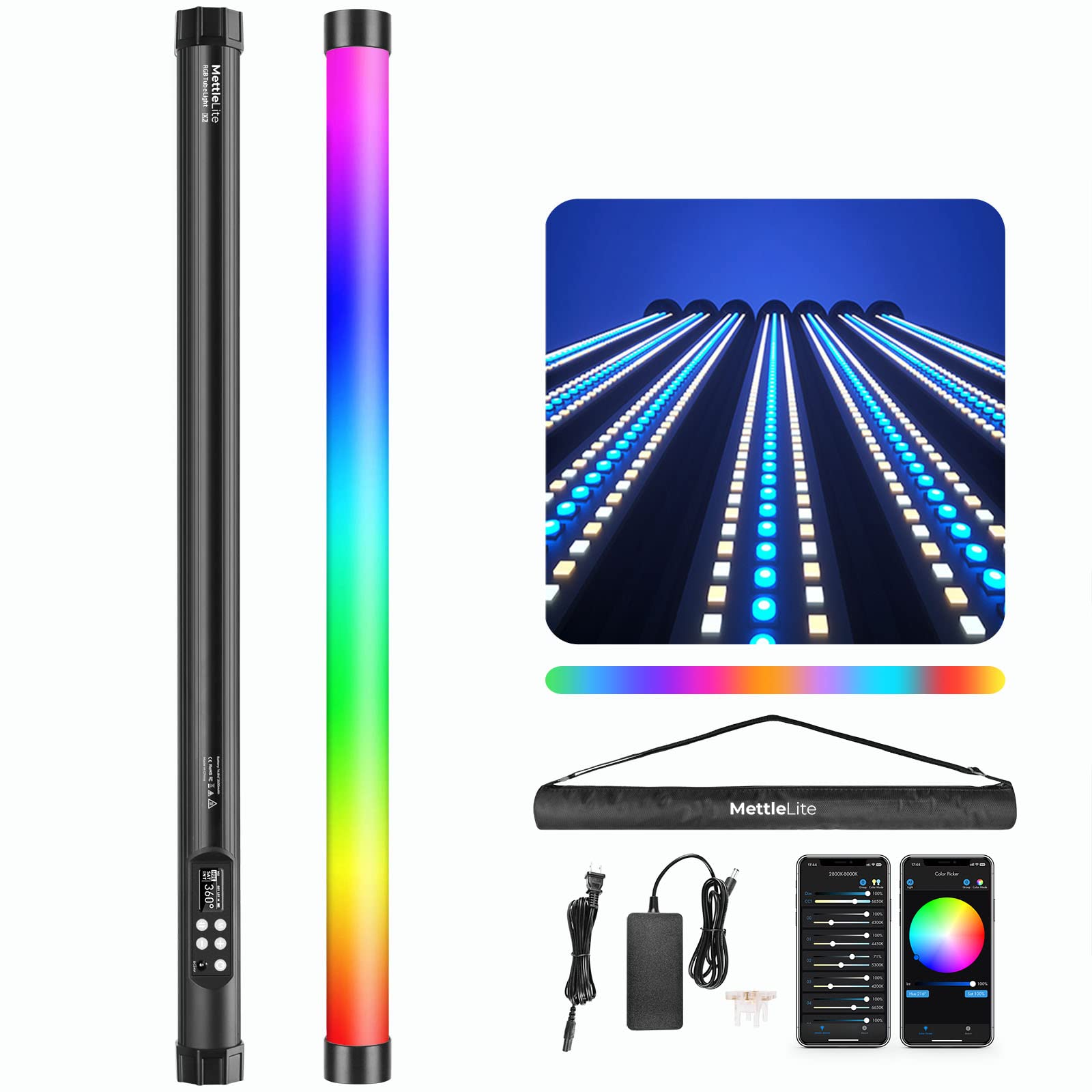 Mettlelite Tlx2 Rgb Tube Light Led Full Color Portable Video Light With App Dmx Control 2 Ft 2800K 8000K Cri96 Tlci97 360 Rgb Cc