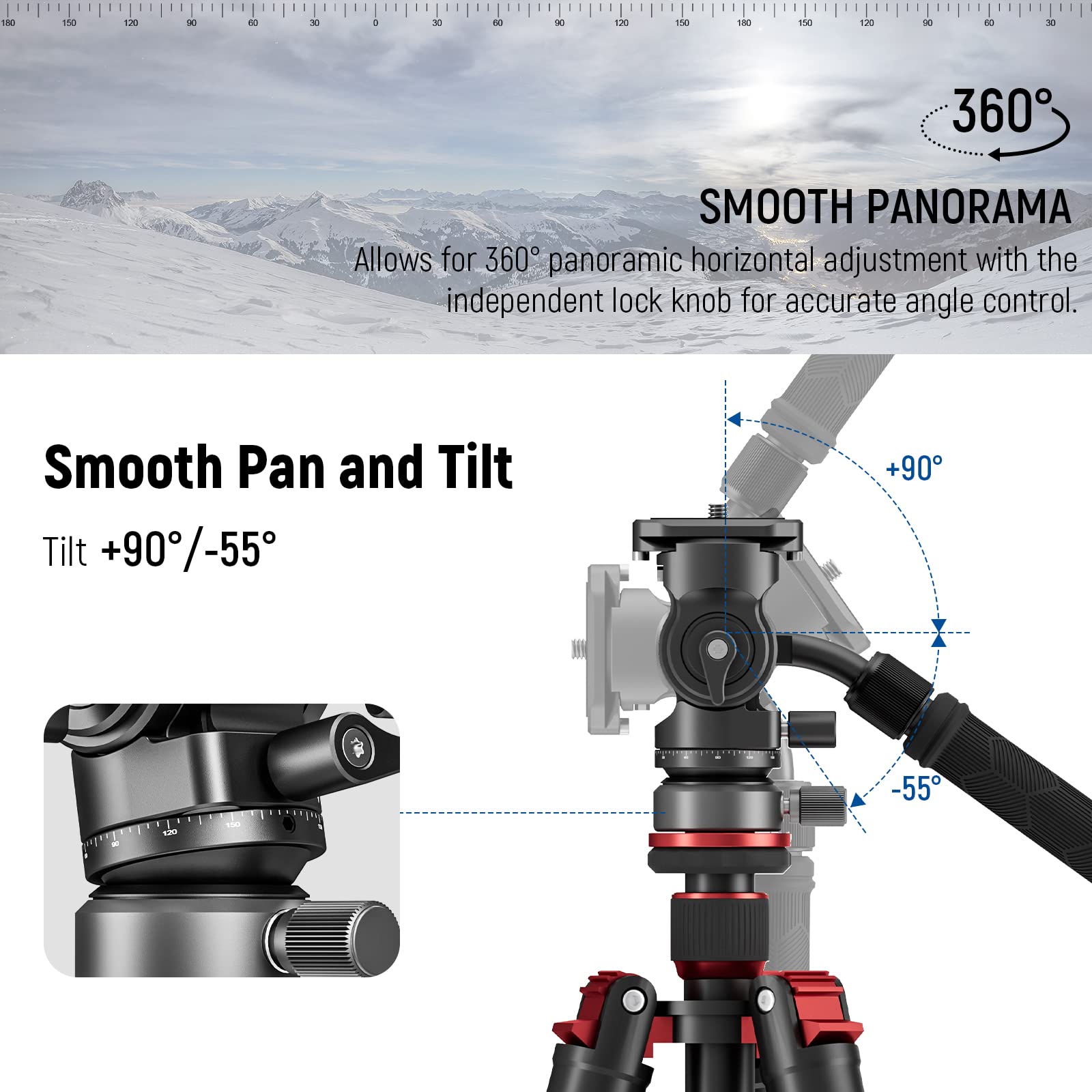 Neewer Tripod Fluid Head With +/ 10 Leveling Base(37Mm Dia.), Metal Pan Tilt Head With Arca Type Qr Plate, Telescopic Handle For