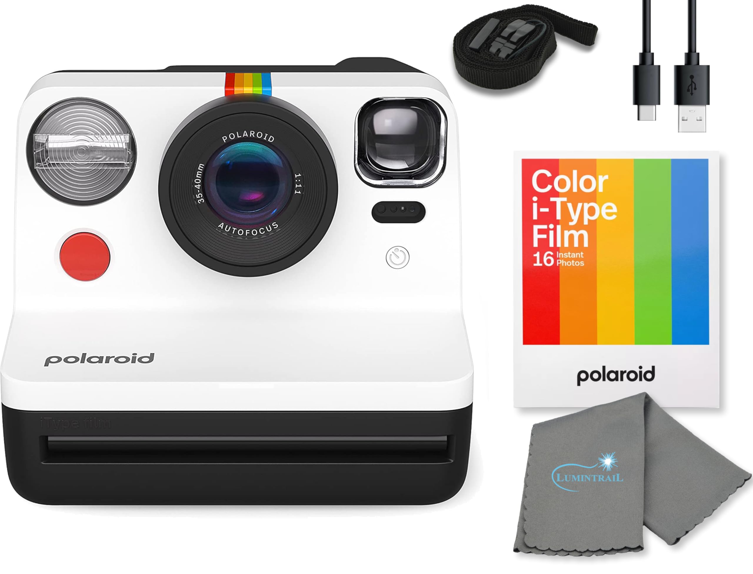 Polaroid Gen 2 Now I-Type Instant Film Camera - Black & White Bundle with a Color i-Type Film Pack (8 Instant Photos) and a Lumi