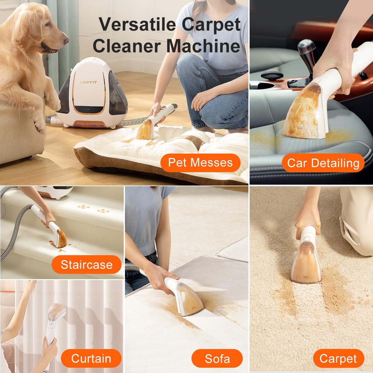 Uwant Portable Carpet & Upholstery Cleaner Machine, 12Kpa Strong Suction Small Handheld Cleaner, Lightweight Shampooer For Car,