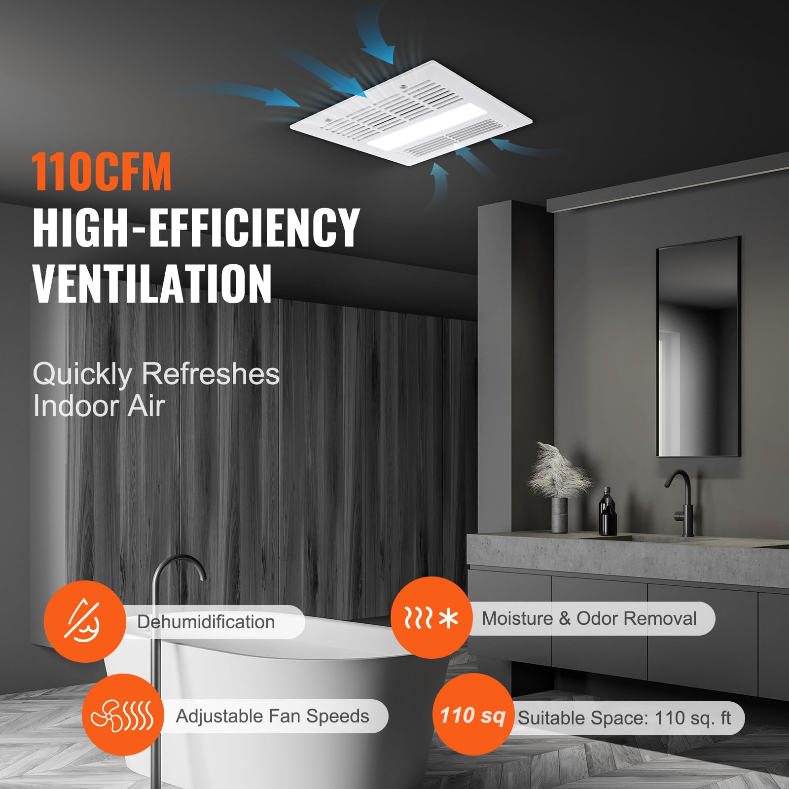 Vevor Bathroom Exhaust Fan, 110 Cfm Ventilation, 1.5Sones Low Noise Operation, Remote Control, Cooling&Heating, Led Light 3000/4