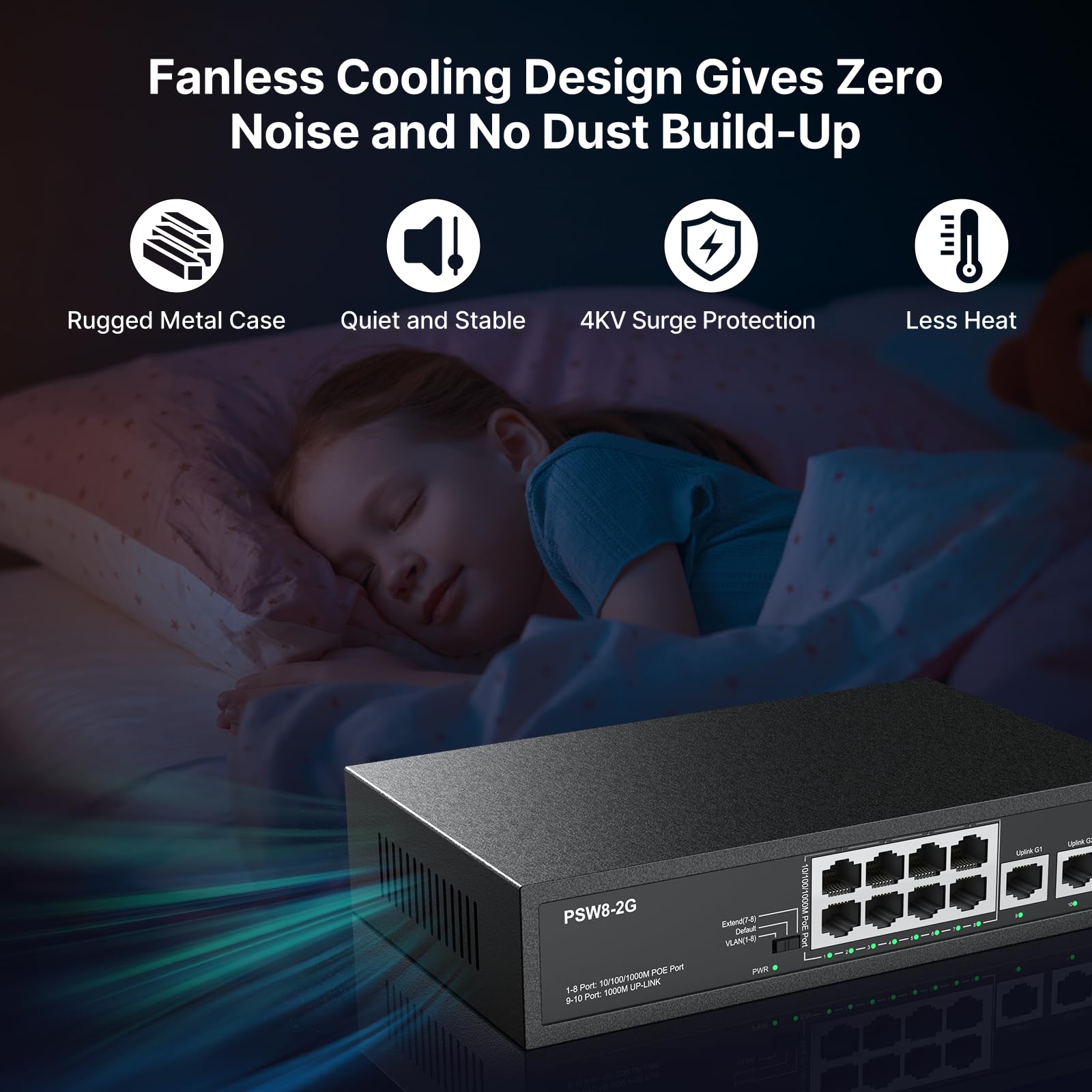 8 Port Full Gigabit Poe+ Switch With Rack Mount Ears, With 2 Gigabit Uplink Ports Up To 30W Per Poe Port, Total Budget 120W, 48