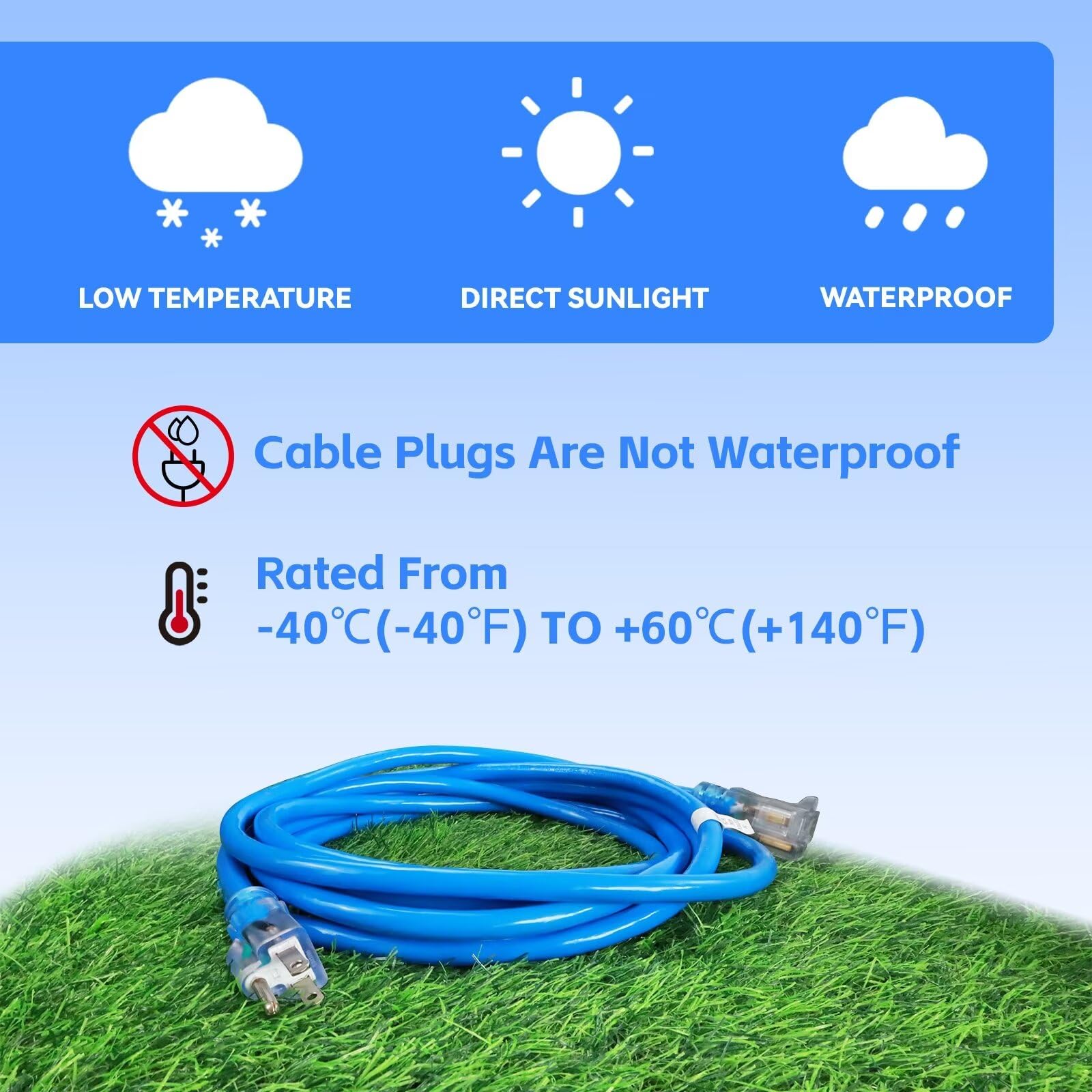 Ultra Explorer Indoor Outdoor Extension Cord Waterproof 10 Ft, 12 Gauge Heavy Duty Blue Extension Cord Sjtw, Flexible Cold Resis