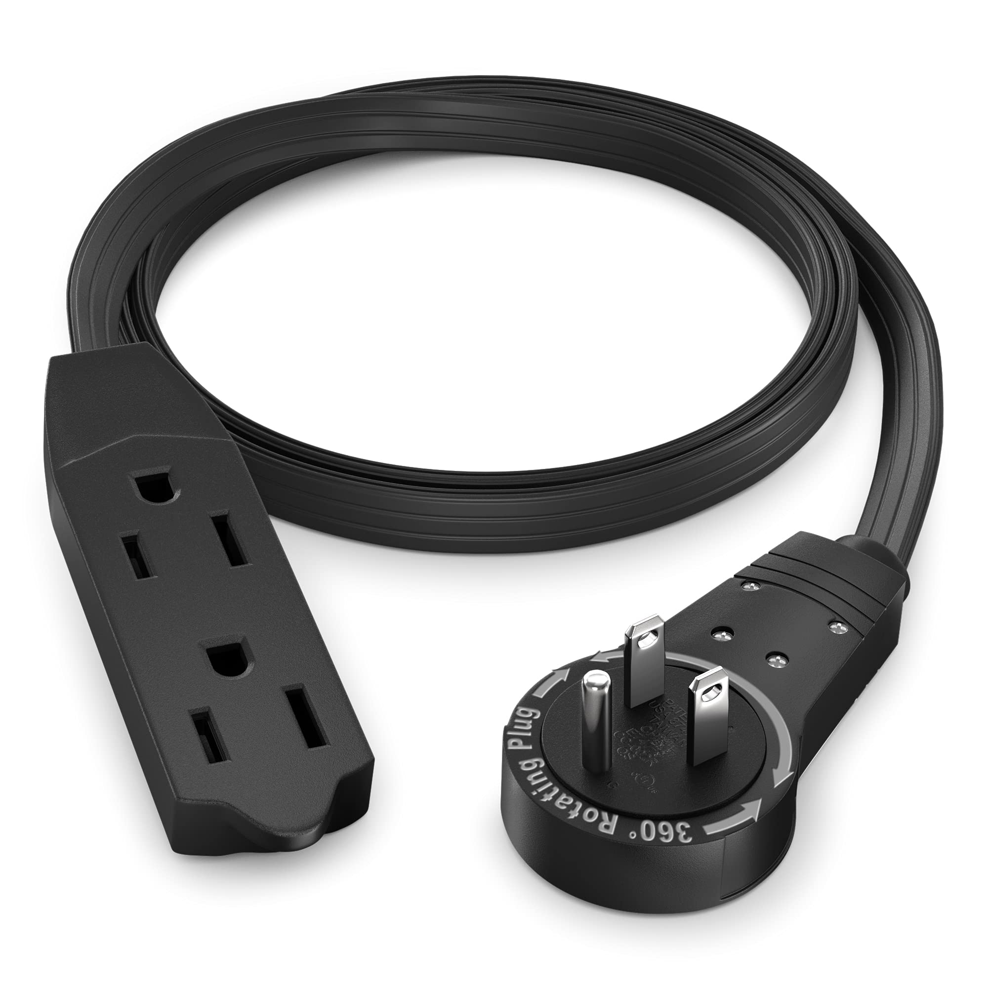 Maximm Cable 2 Ft 360� Rotating Flat Plug Extension Cord/Wire, 16 Awg Multi 3 Outlet Extension Wire, 3 Prong Grounded Wire   Black   Ul Certified