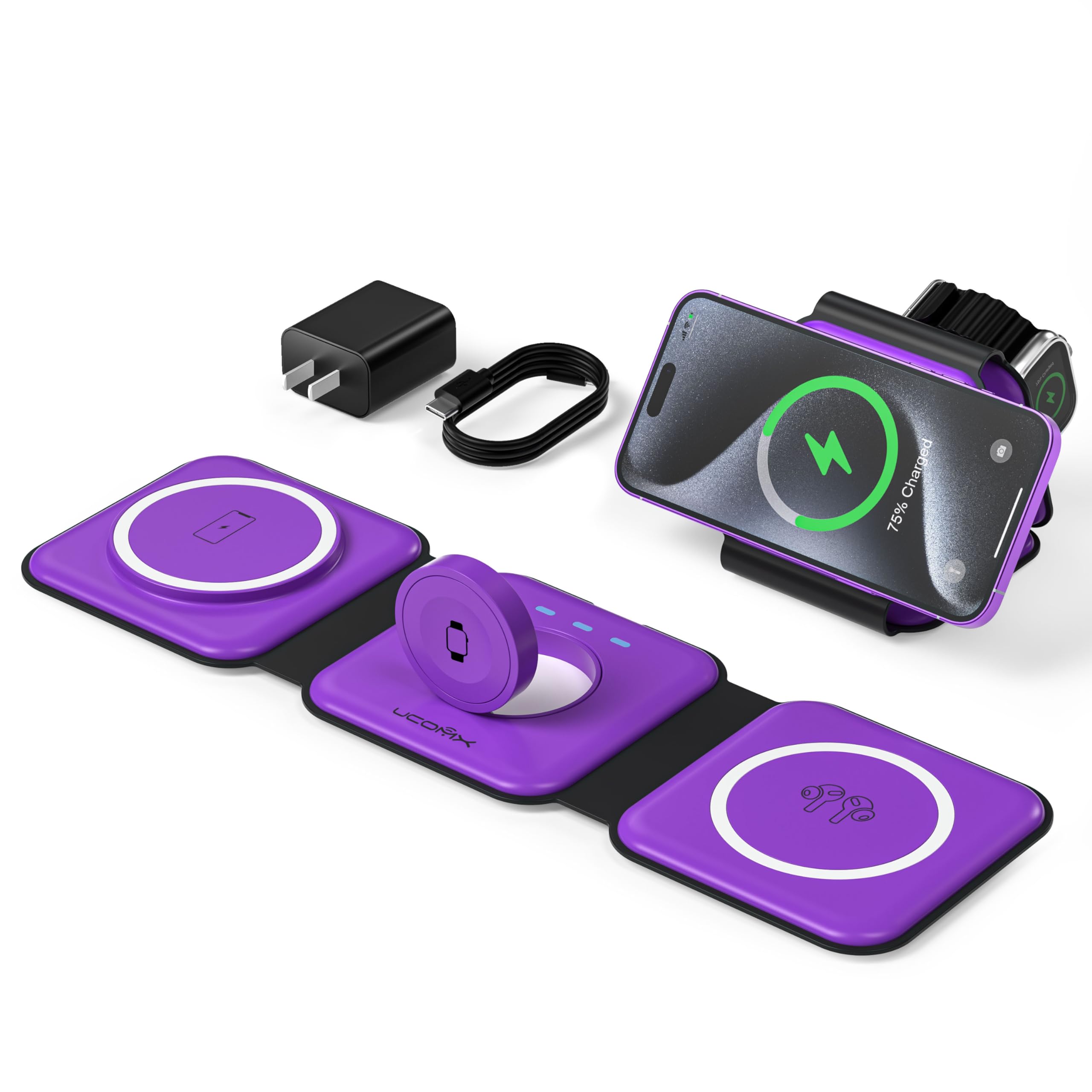 Ucomx 3 In 1 Charging Station For Multple Devices,Foldable 3 In 1 Wireless Charger For Travel,Nano Wireless Charging Station For