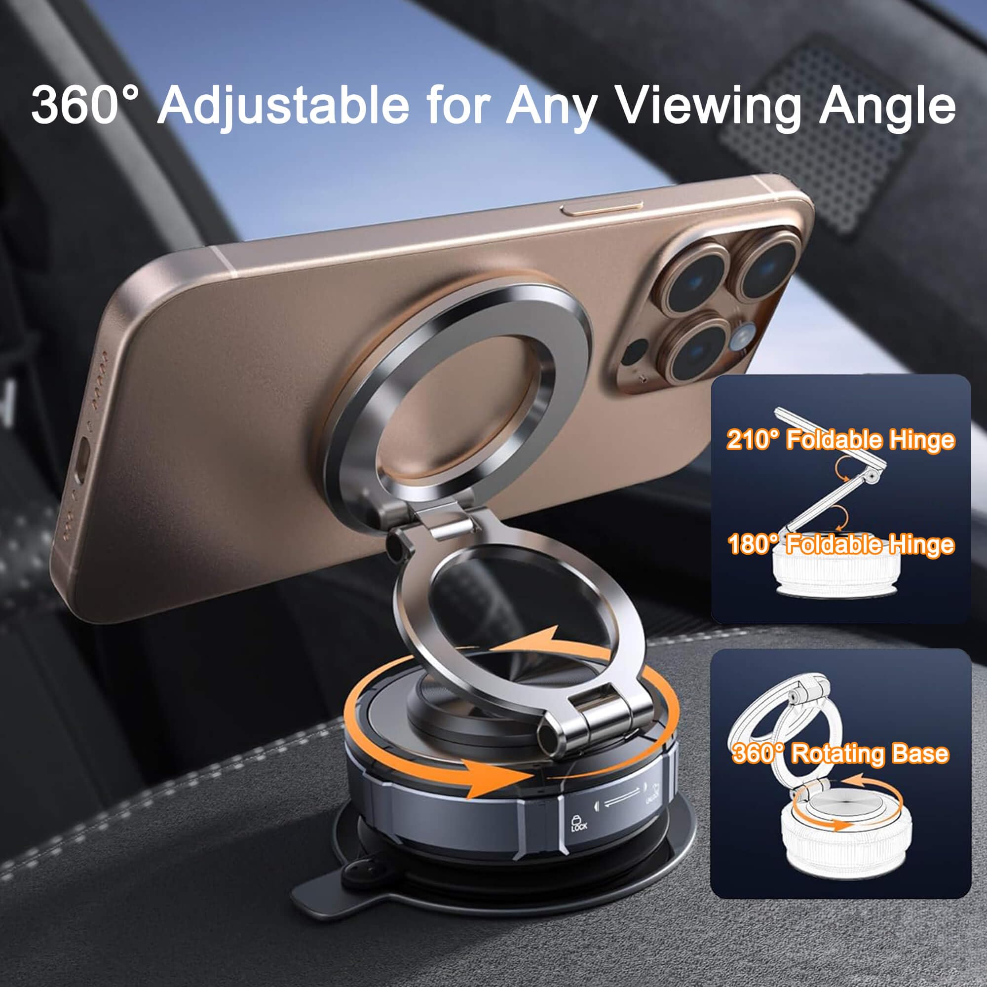 Magnetic Phone Holder, Car Mount For Magsafe, Enhanced Vacuum Suction Cup, Strong N52 Magnets, 360 Adjustable, Cell Phone Access