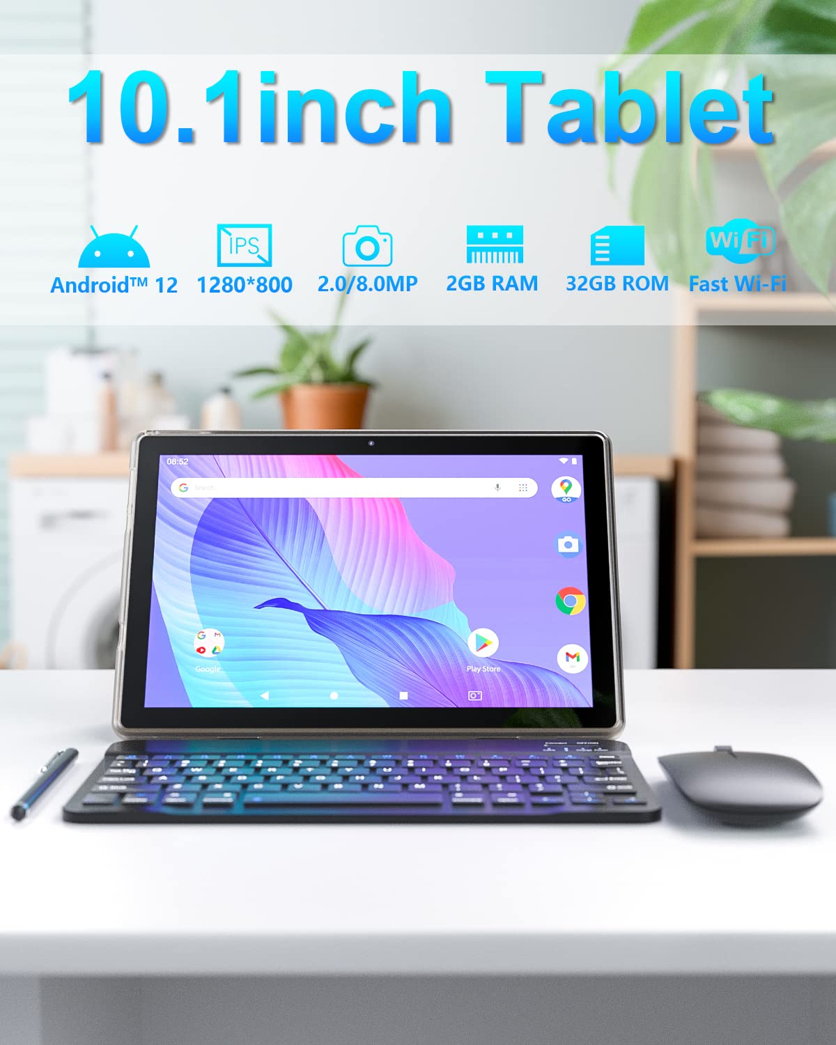 Tablet 10.1 Inch Android 12 Os Tableta, 2 In 1 Tablets With Keyboard, Mouse, Case, Stylus, Tempered Film , 32Gb Rom+2Gb Ram, 8Mp