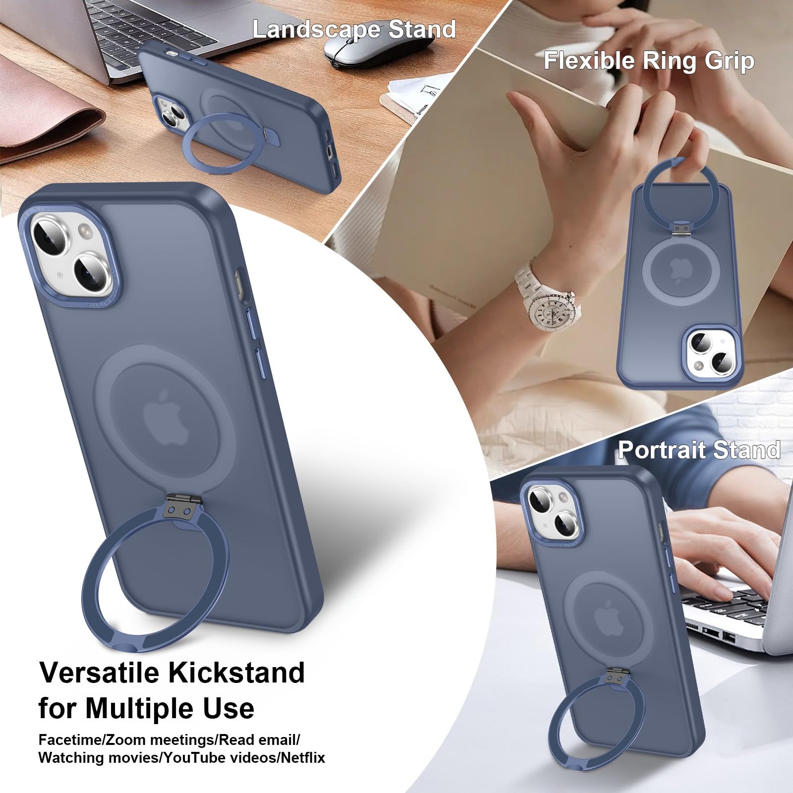 Lufanbis Magnetic For Iphone 15 Case With Ring Stand, [10 Ft Drop Protection] [Velvety Touch] Slim Translucent Matte Back Shockp