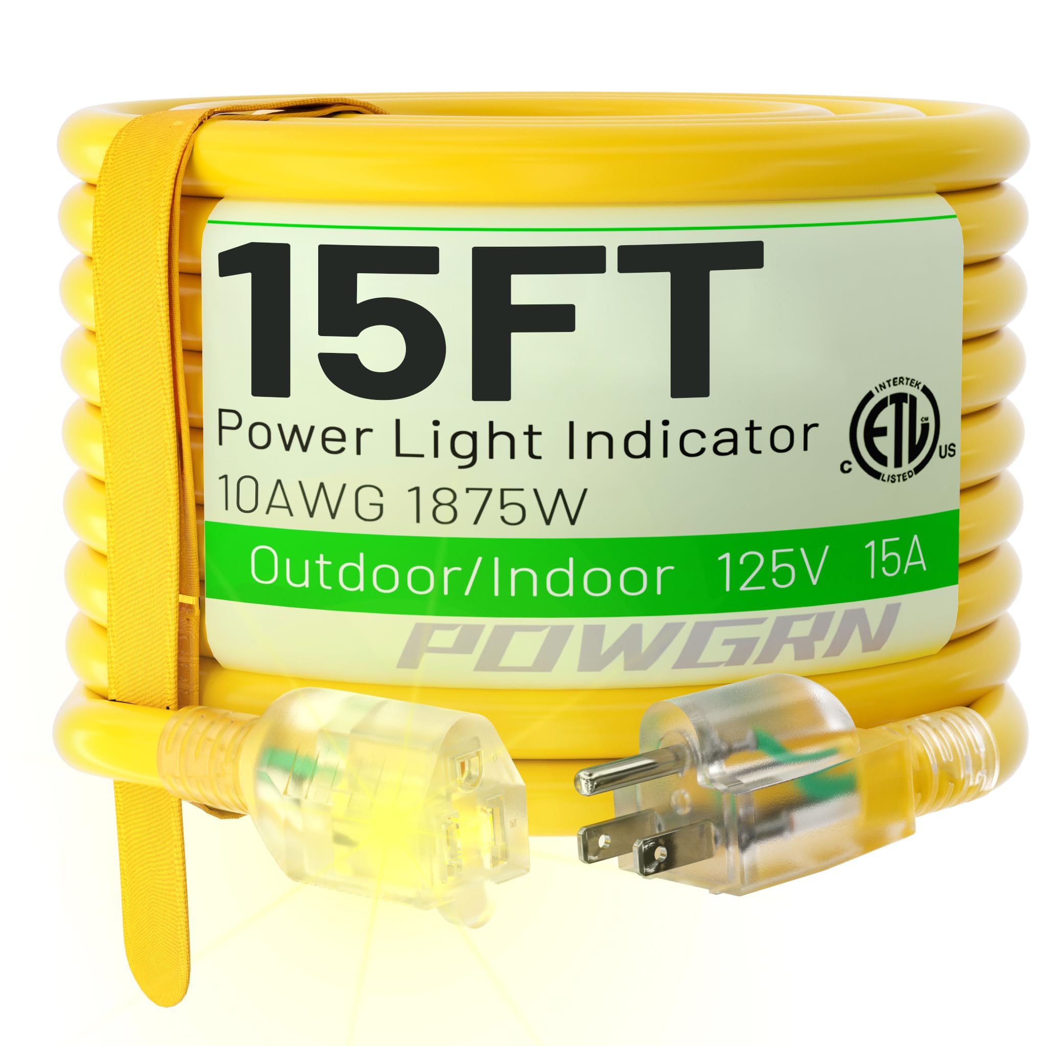 Powgrn 15 Ft 10/3 Outdoor Extension Cord Waterproof Heavy Duty 10 Gauge 3 Prong, Flexible Cold Resistant Power Cord Indoor & Out