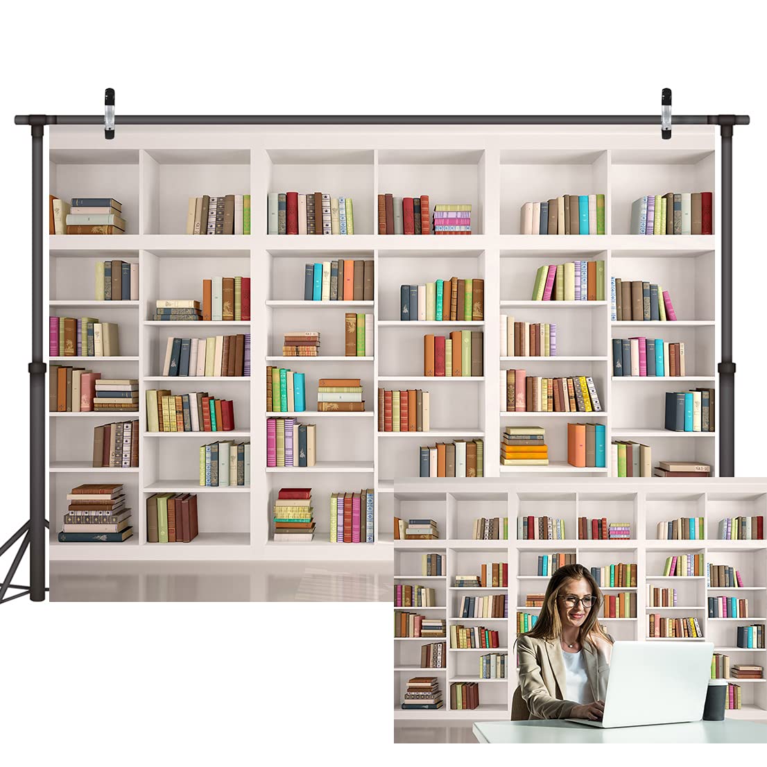 Lywygg 7X5Ft Bookshelf Backdrop Bookcase Backdrops Library Backdrop Office Backdrop For Video Conference Vintage Party Backgroun