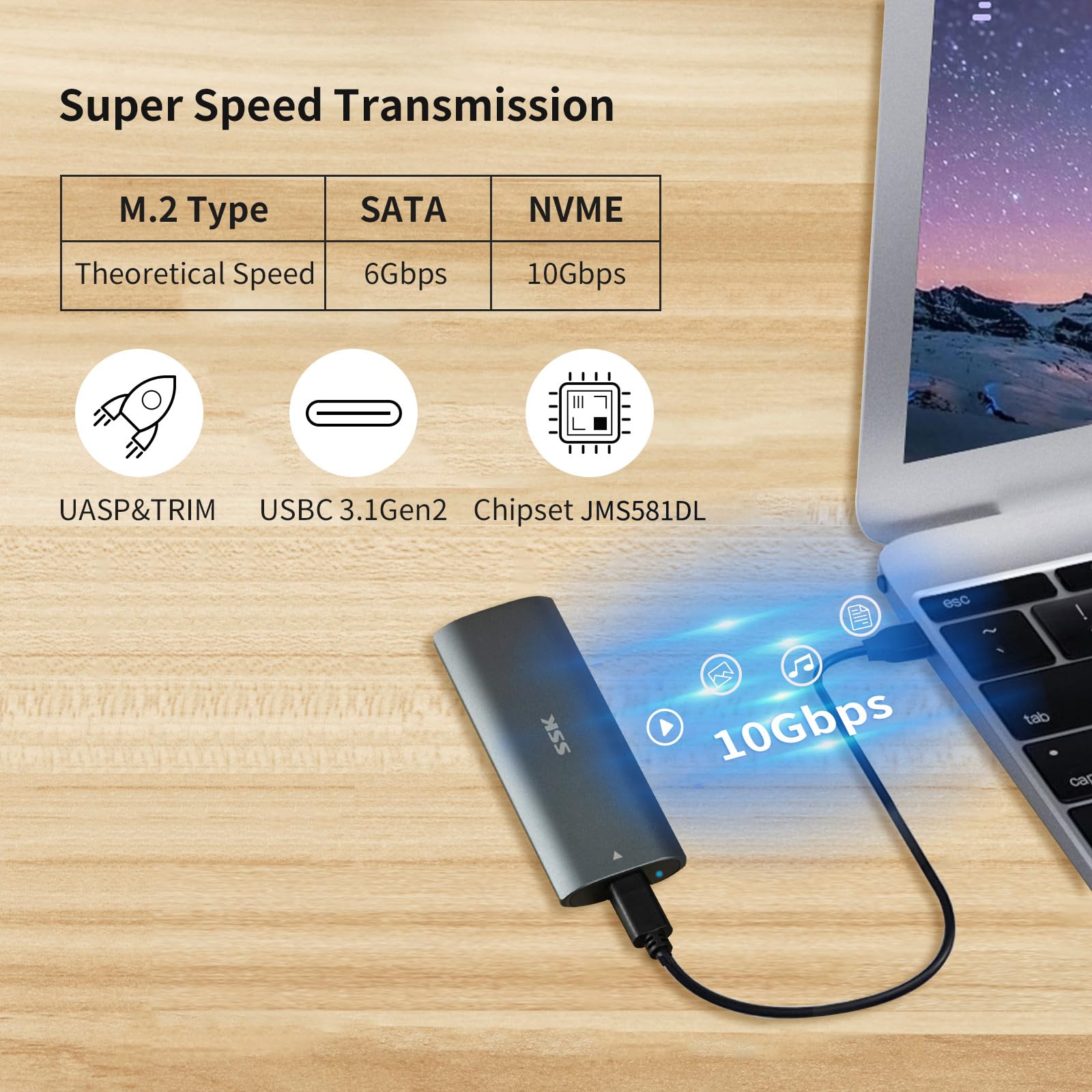 Ssk Aluminum M.2 Nvme Sata Ssd Enclosure Adapter, Tool Free External Ssd Reader Usb C 3.1/3.2 Gen 2 10Gbps Pcie, 6Gbps Sata M Key B+M Key M.2 Enclosure, Support Uasp Trim For 2230/2242/2260/2280