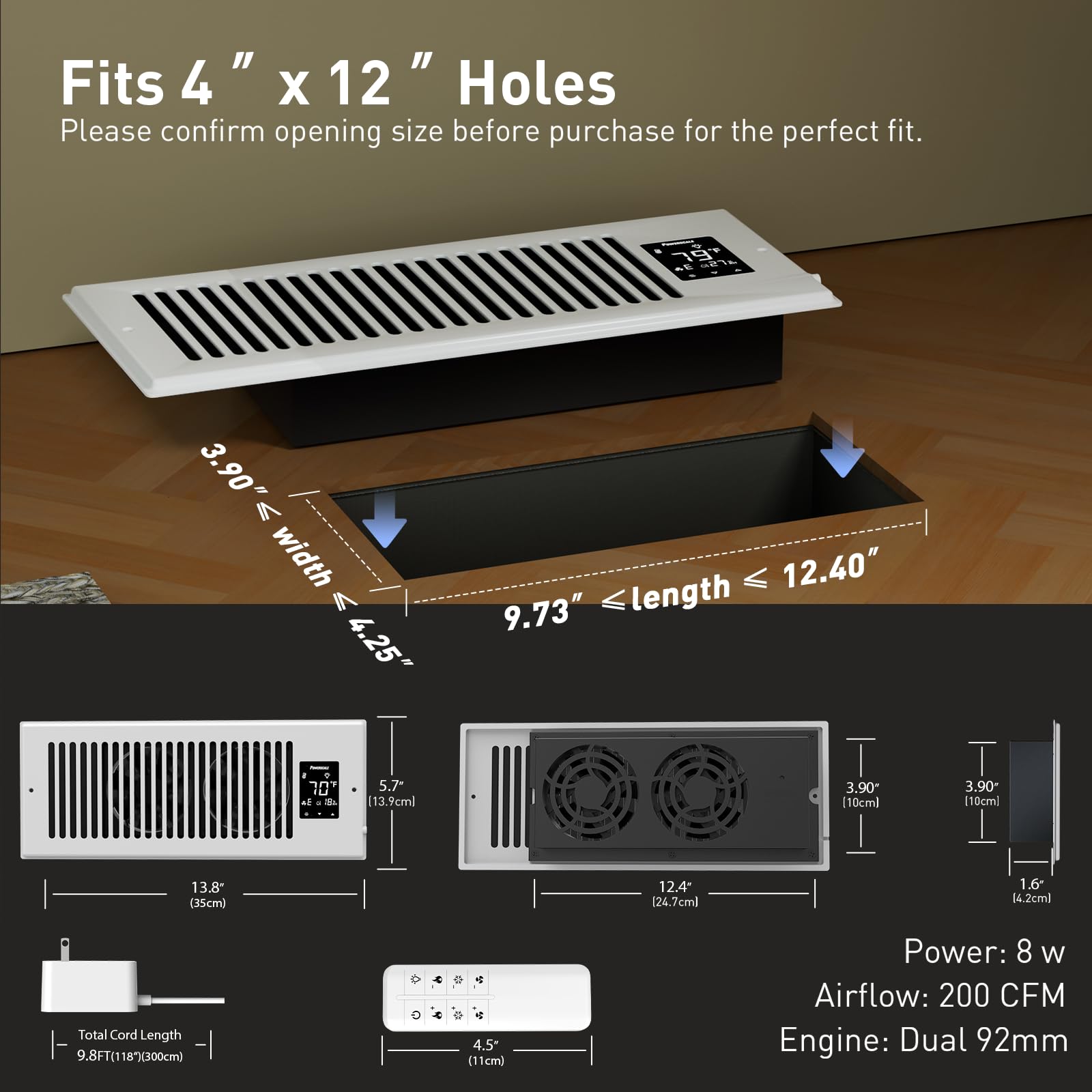 Powerscale Quiet Register Booster Fan Fits 4    X 12    Register Holes With 9-Speed Control Smart Register Vent With Lcd Display