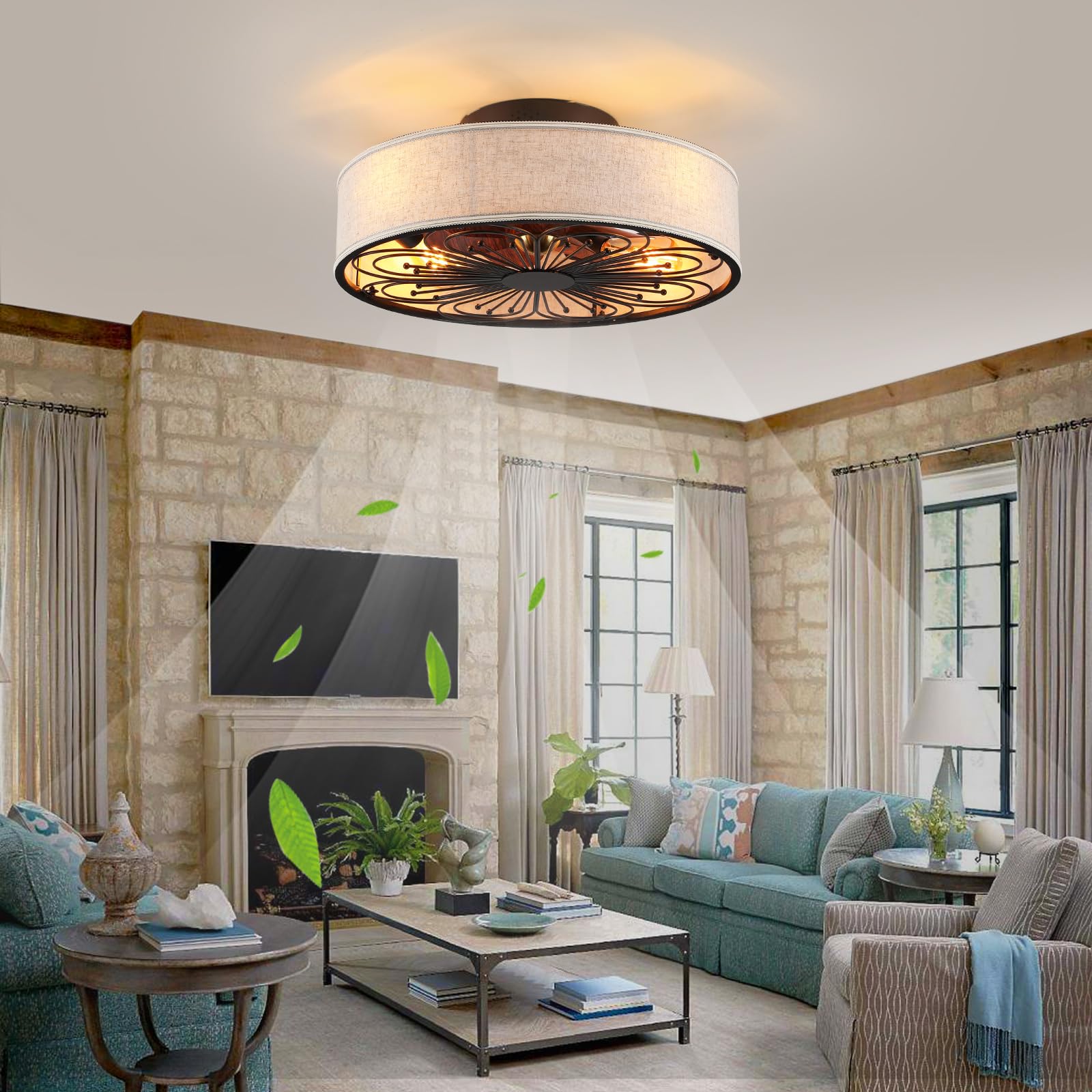 Alaruder Caged Ceiling Fans With Lights Flush Mount,Low Profile Ceiling Fan With Remote,20 Inch Farmhouse White Ceiling Fan For