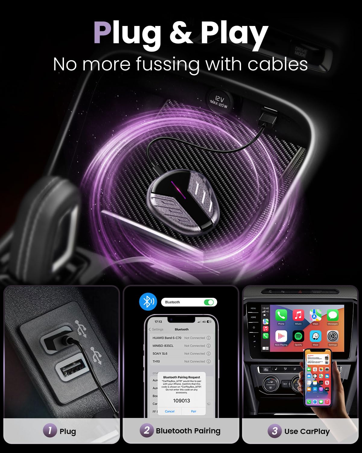 Wireless Carplay Adapter For Apple, Converts Factory Wired Carplay To Wireless, 2024 Upgrade Apple Carplay Plug & Play, Compatib