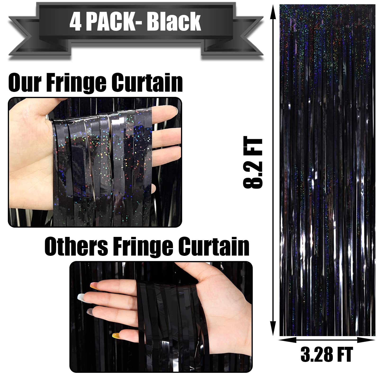 4 Pack Black Tinsel Foil Fringe Curtain Backdrop, 3.28Ft X 8.2Ft Metallic Streamers For Photo Booth Props Wedding Bridal Shower