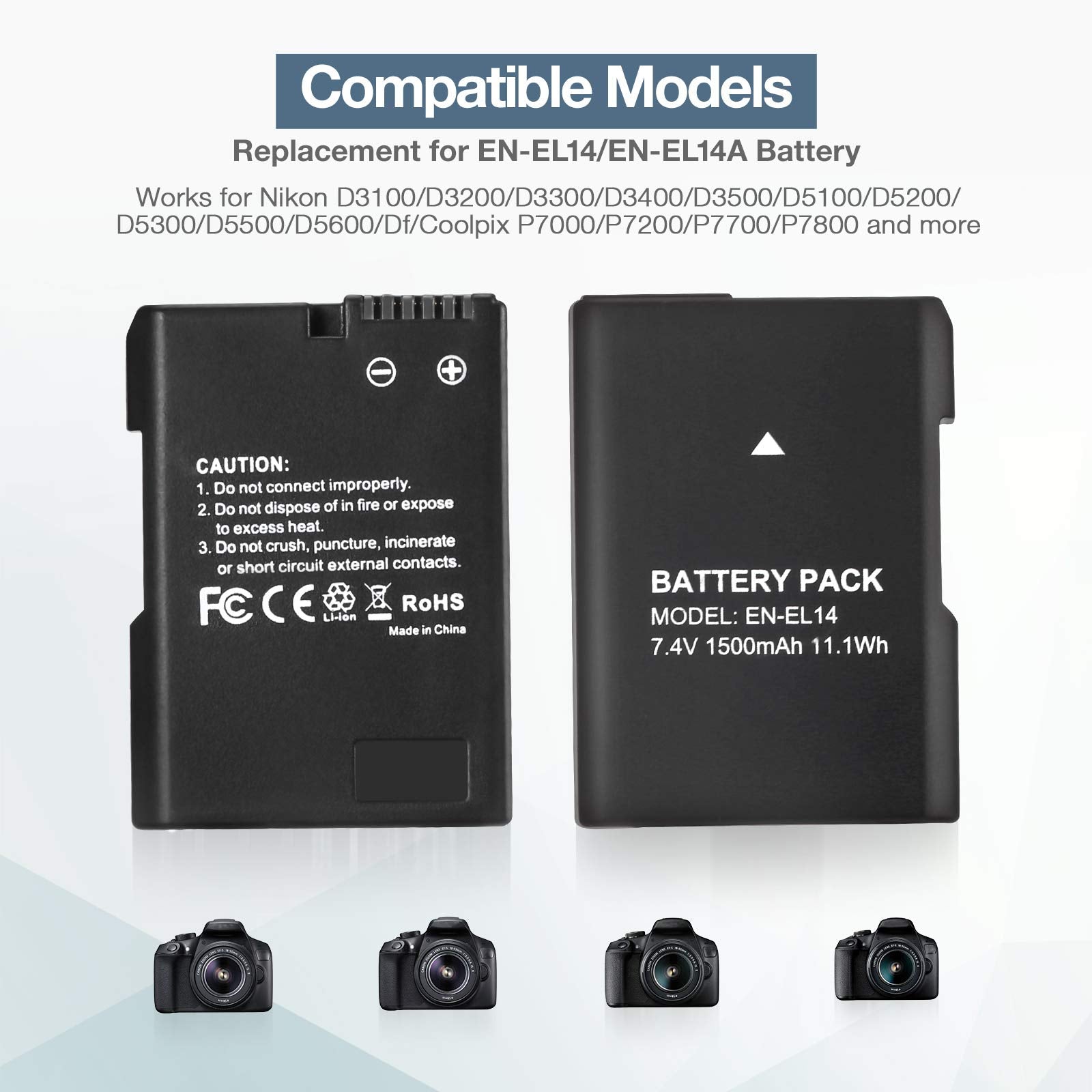 En El14 En El14A Battery 2 Pack 1500Mah Li Ion Batteries Compatible With Nikon D3100 D3200 D3300 D3400 D3500 D5100 D5200 D5300 D
