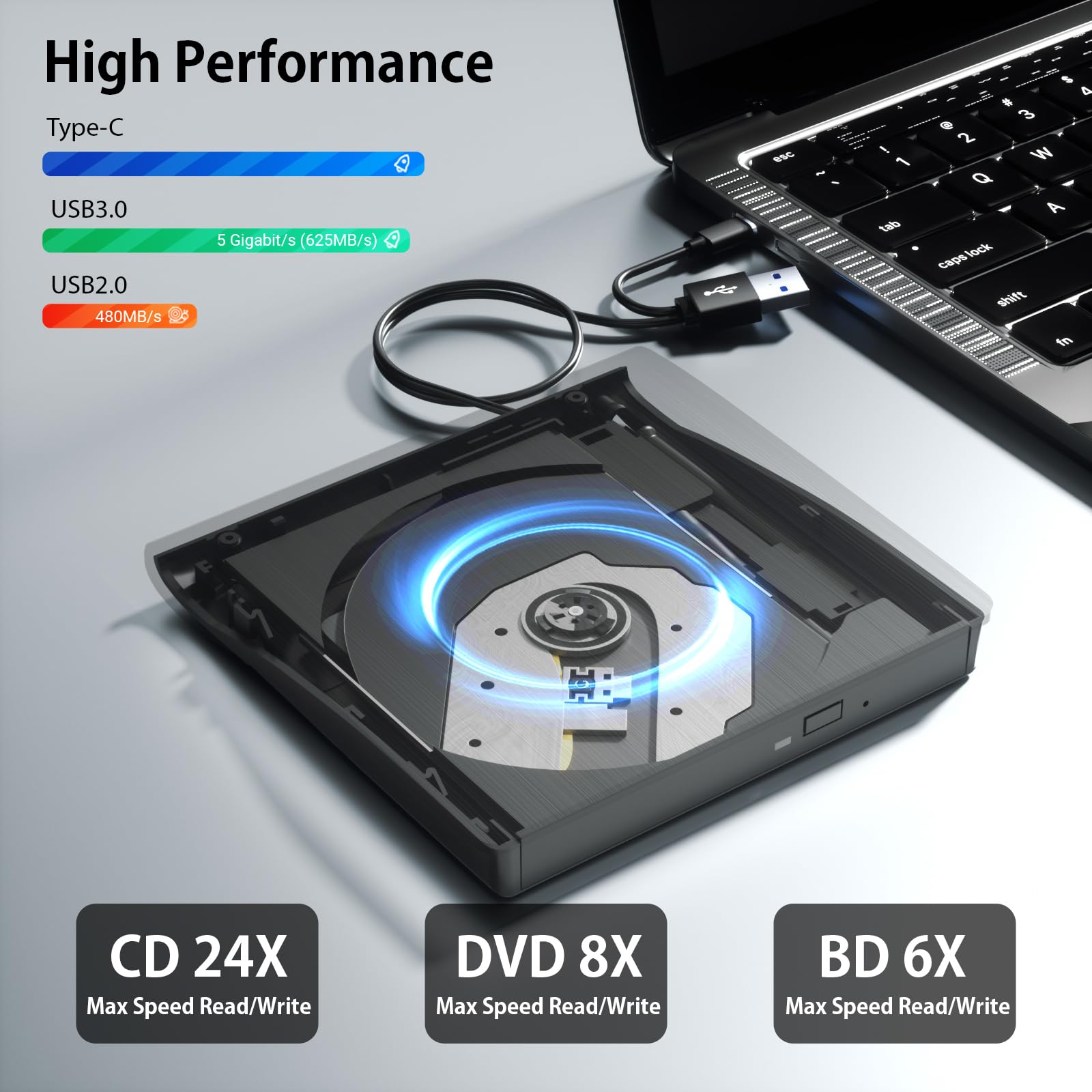 Yaeonku BD015 External Blu Ray Drive USB 3.0 Type-C 3D Read/Write Burner for Laptop Desktop