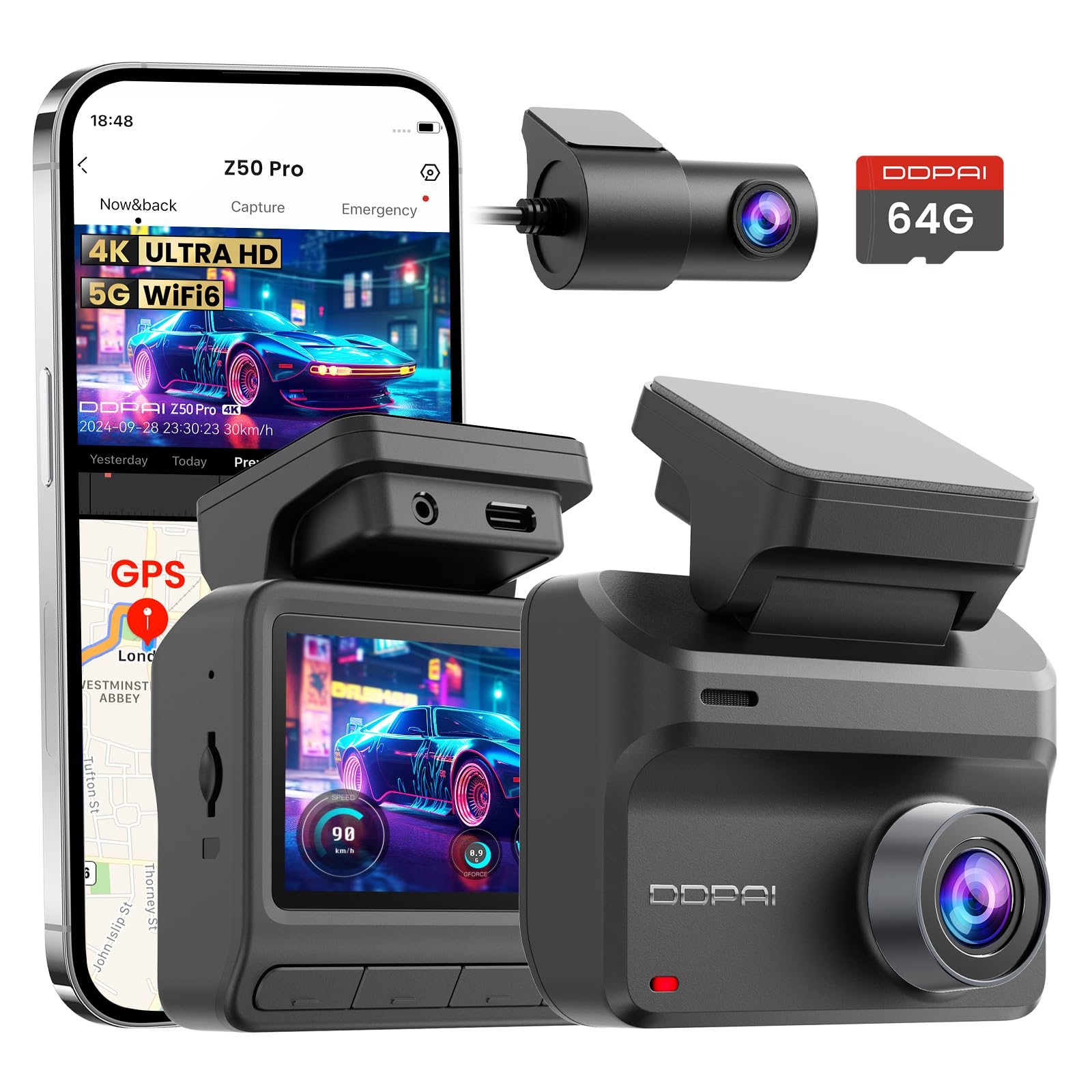 DDPAI Dash Cam Front and Rear, 4K+1080P Car On-Dash Mounted Cameras, Dashcam Included 64GB Card, Built-in 5G WiFi 6, GPS, 3 IP