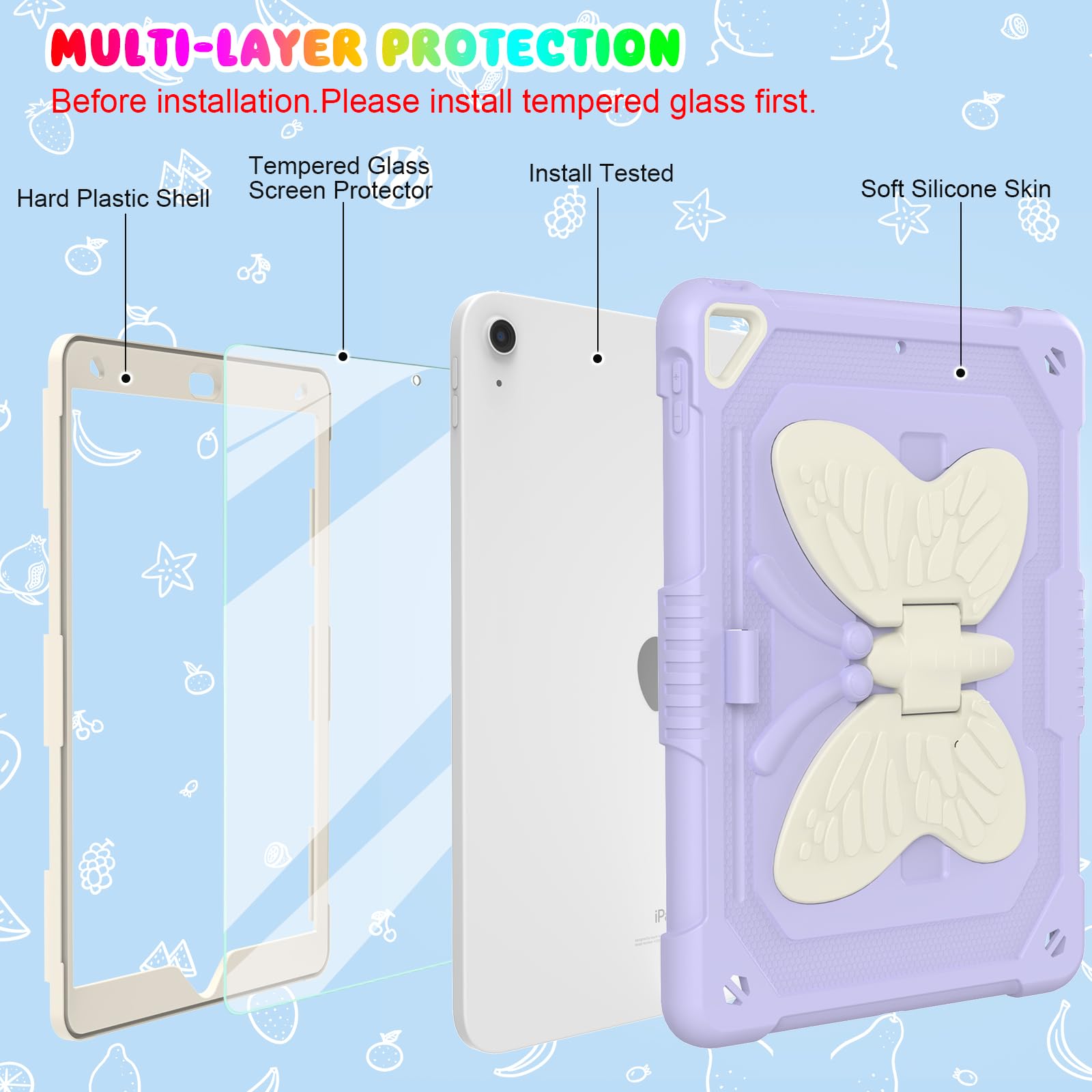 Blosomeet Purple Case For Ipad 10.2 Inch With Tempered Glass Screen Protector,Ipad 9Th/8Th/7Th Gen Cover With Stand Pencil Holde