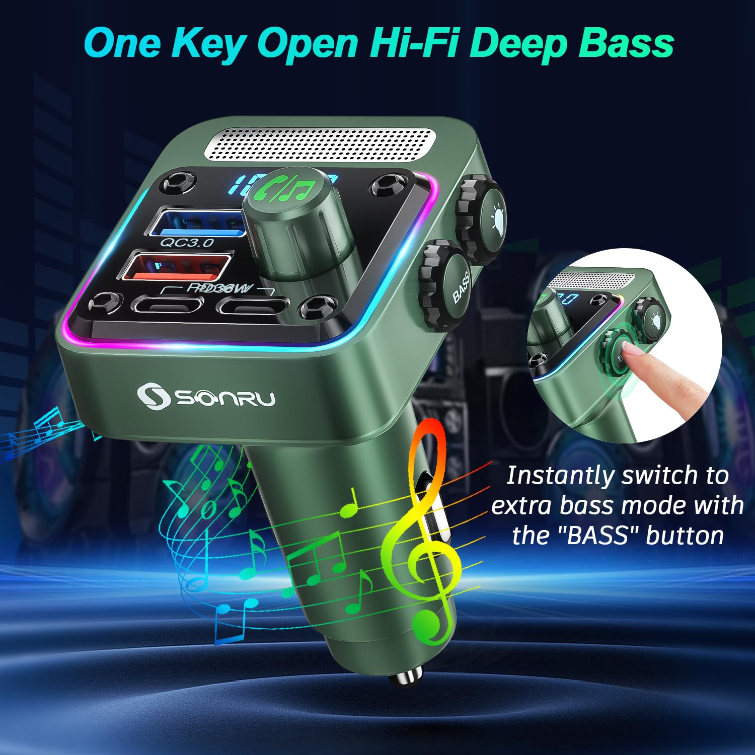 Bluetooth 5.3 Fm Transmitter Car Adapter   Sonru Car Charger 54W [Pd 36W & Qc3.0 18W], Wireless Fm Radio Transmitter [Hifi Trebl